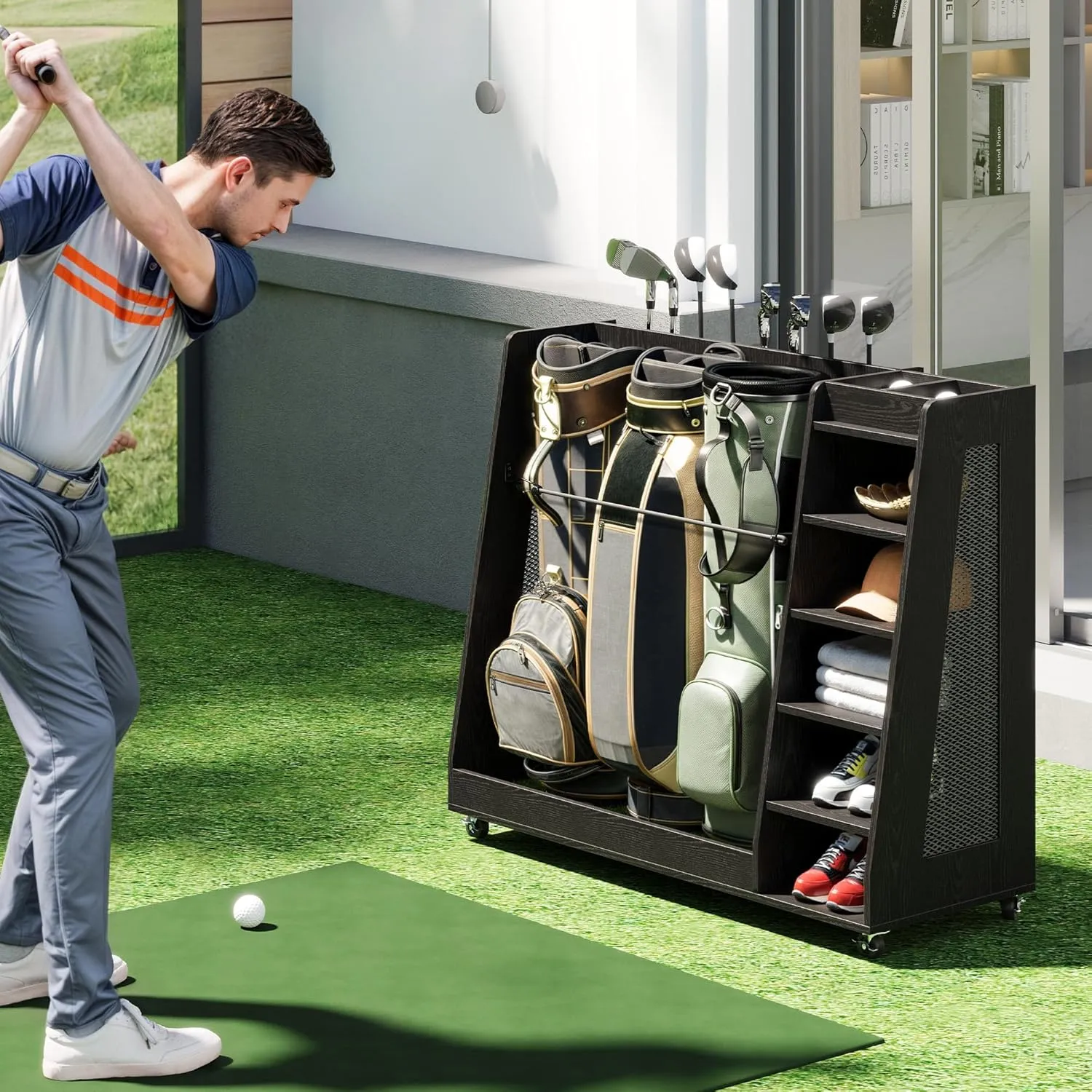 YITAHOME Wooden Golf Bag Organizer for Garage, Rolling Storage Stand for Golf Bags, Clubs, Balls, and Accessories, Holds 2 or 3 Golf Bags, Ideal for Golf Equipment Organization