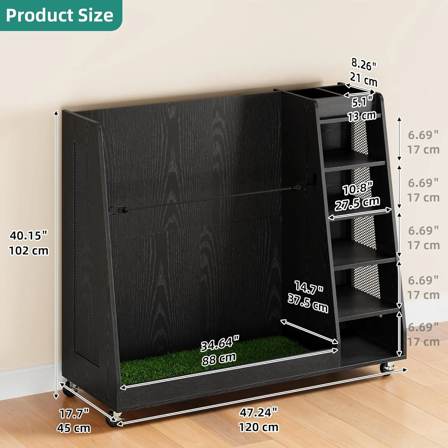 YITAHOME Wooden Golf Bag Organizer for Garage, Rolling Storage Stand for Golf Bags, Clubs, Balls, and Accessories, Holds 2 or 3 Golf Bags, Ideal for Golf Equipment Organization