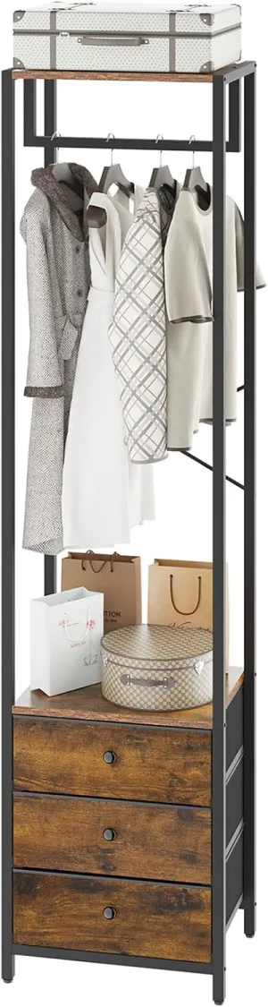 YMYNY Garment Rack, Clothes Rack with Drawers, Freestanding Tall Closet Organizer with 3 Fabric Drawers, Clothes Stand for Hanging Shirts, Coat,15.35" L×11.41" W×70.47" H, Rustic Brown UHGR001H