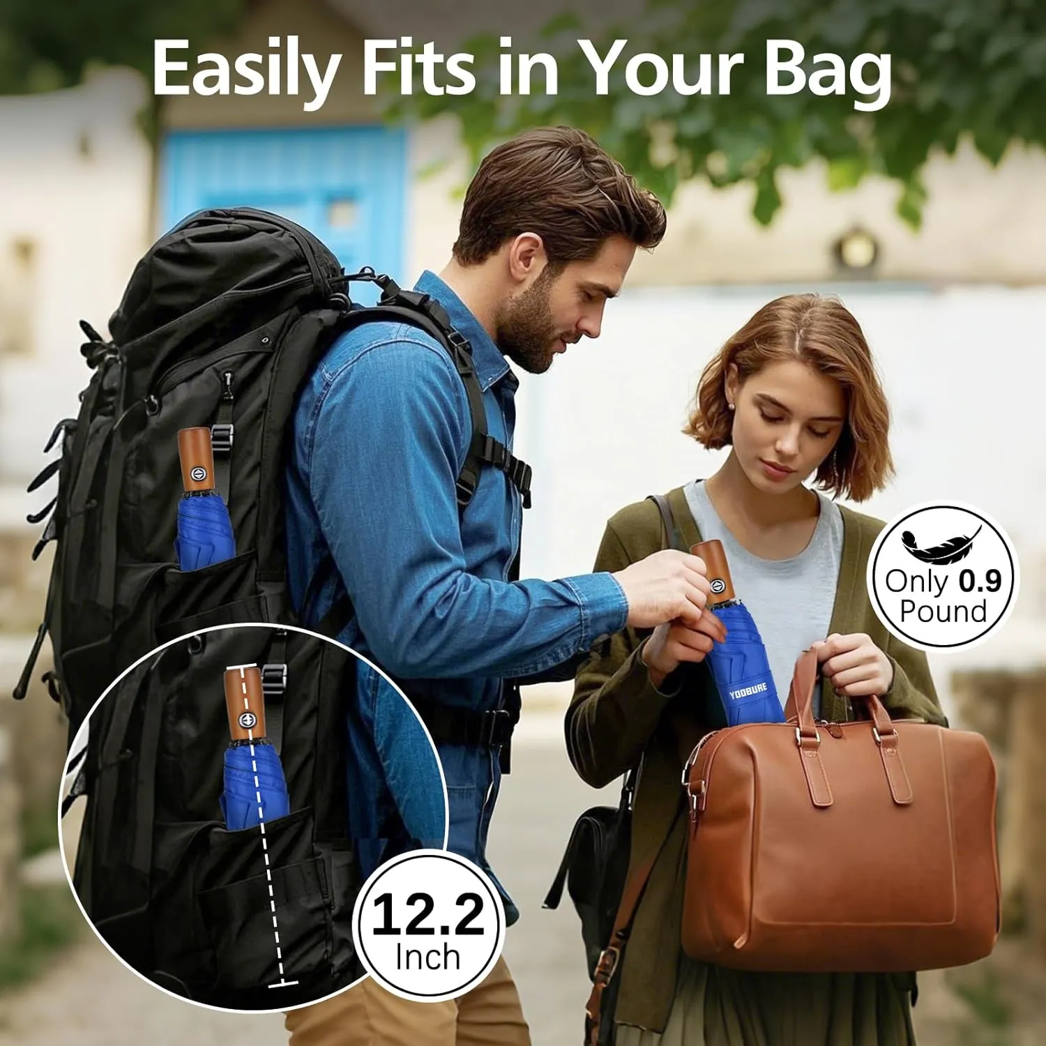 Yoobure Windproof Travel Umbrella with Wood Handle, Automatic Umbrellas for Rain & UV Sun Protection, Compact 46" Large Canopy, Lightweight Backpack Portable for Walking & Outdoor