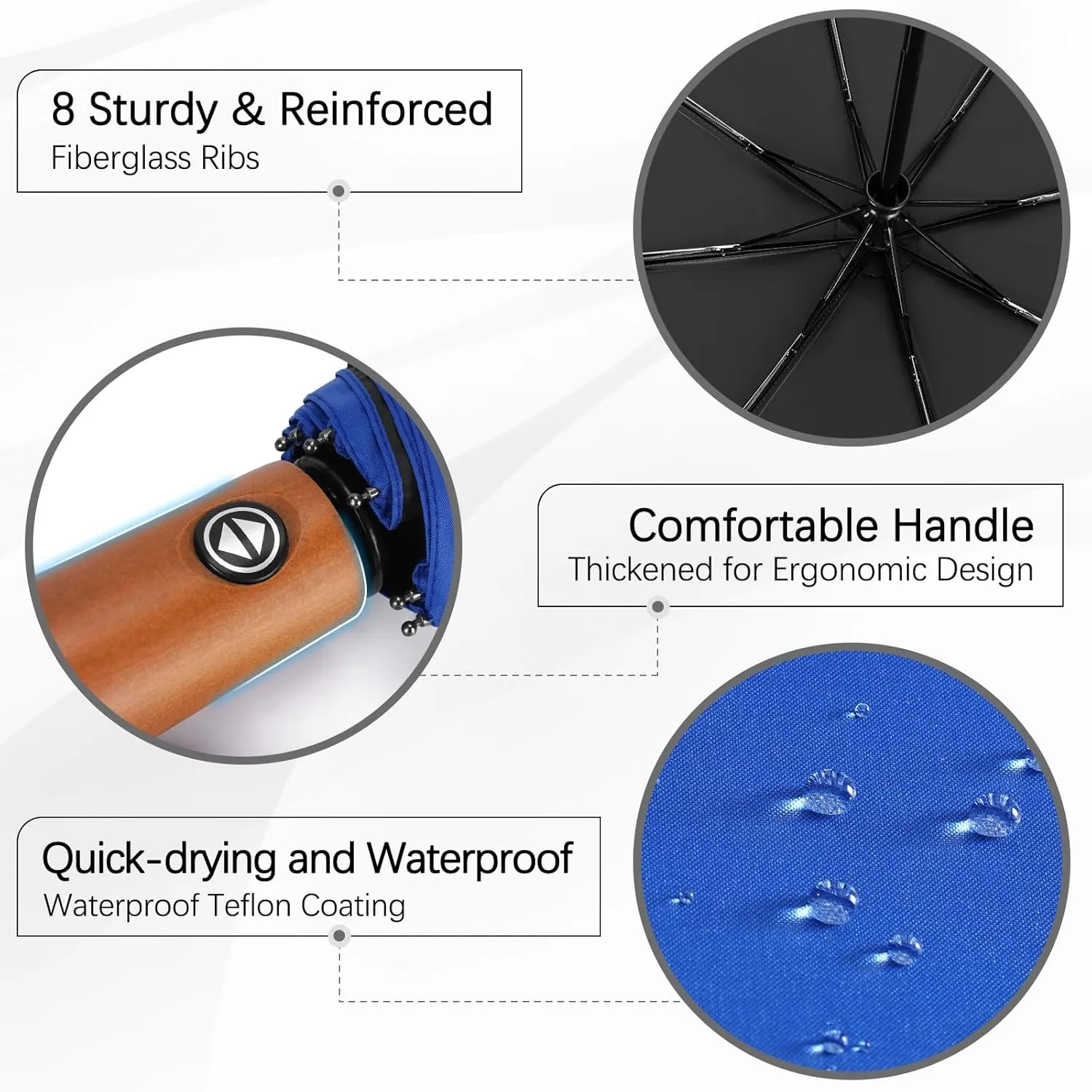 Yoobure Windproof Travel Umbrella with Wood Handle, Automatic Umbrellas for Rain & UV Sun Protection, Compact 46" Large Canopy, Lightweight Backpack Portable for Walking & Outdoor