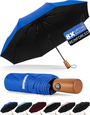 Yoobure Windproof Travel Umbrella with Wood Handle, Automatic Umbrellas for Rain & UV Sun Protection, Compact 46" Large Canopy, Lightweight Backpack Portable for Walking & Outdoor