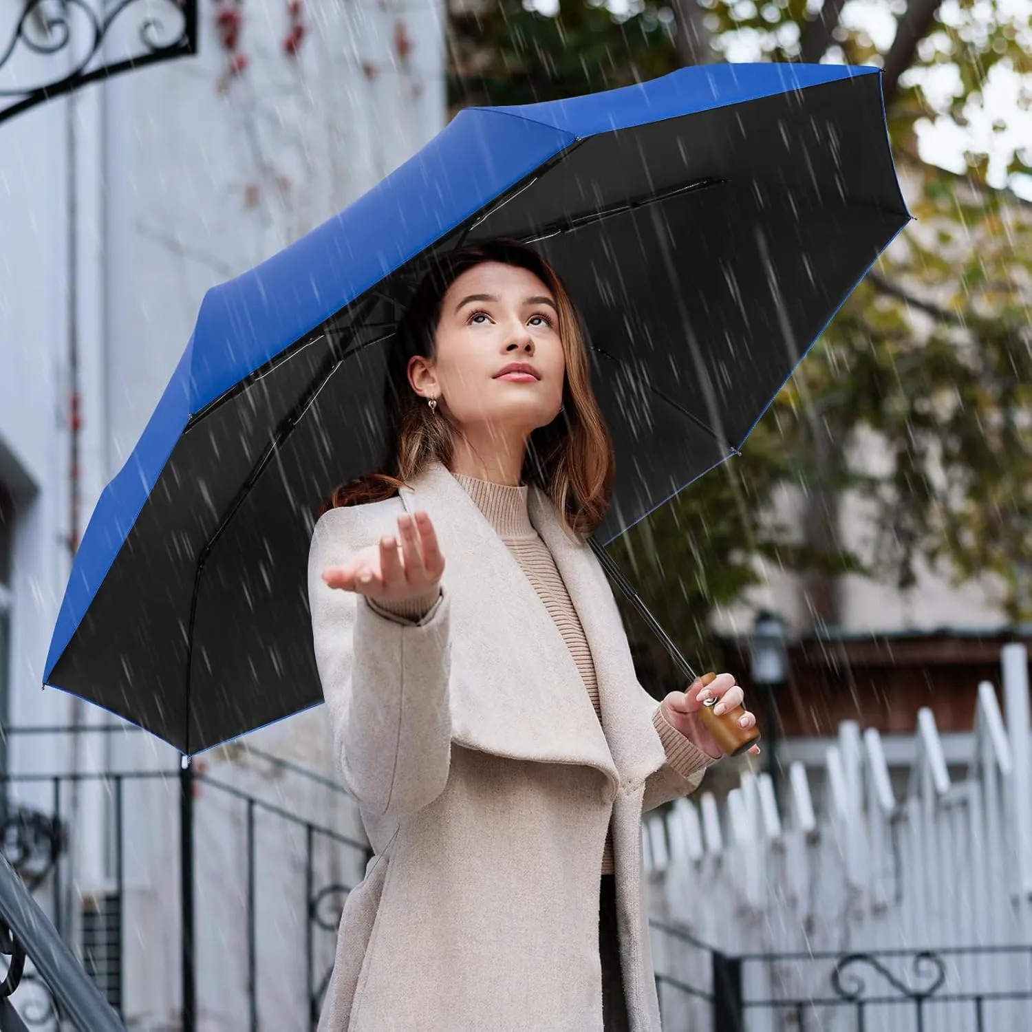 Yoobure Windproof Travel Umbrella with Wood Handle, Automatic Umbrellas for Rain & UV Sun Protection, Compact 46" Large Canopy, Lightweight Backpack Portable for Walking & Outdoor