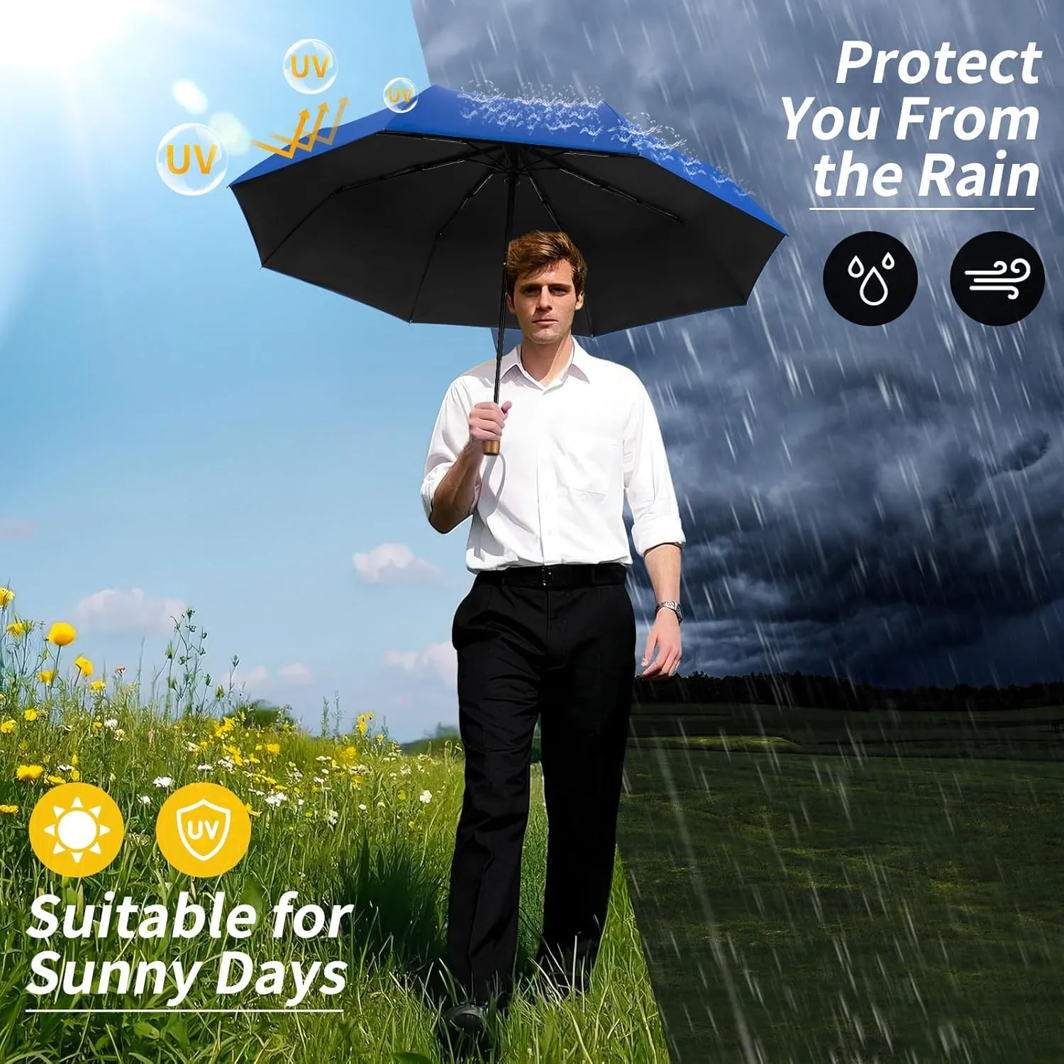 Yoobure Windproof Travel Umbrella with Wood Handle, Automatic Umbrellas for Rain & UV Sun Protection, Compact 46" Large Canopy, Lightweight Backpack Portable for Walking & Outdoor