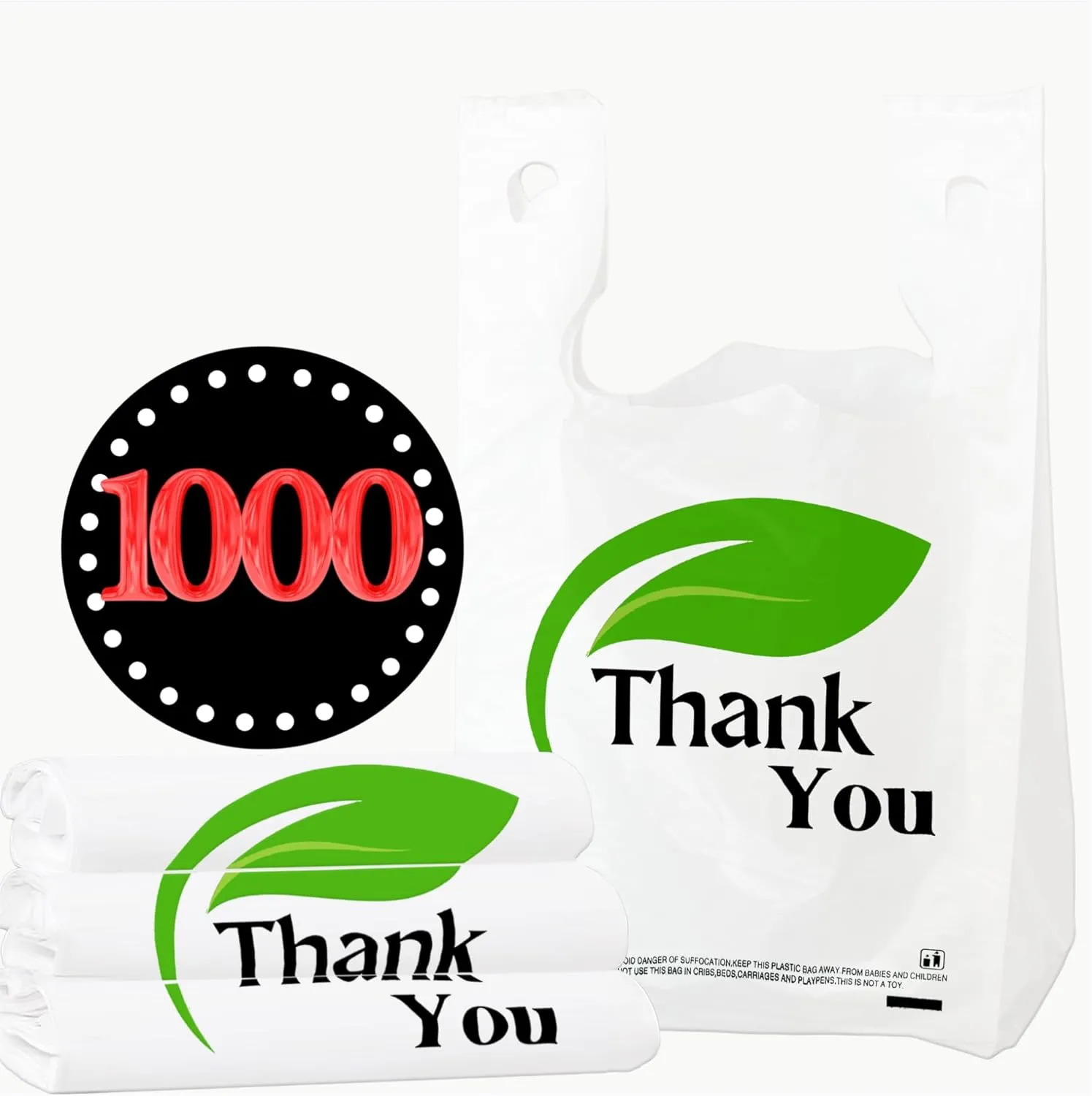 YoYoRain. 1000 Count Thank You Bags - T-Shirt Bags with Handles for Retail Shopping and Disposable Supermarket Use