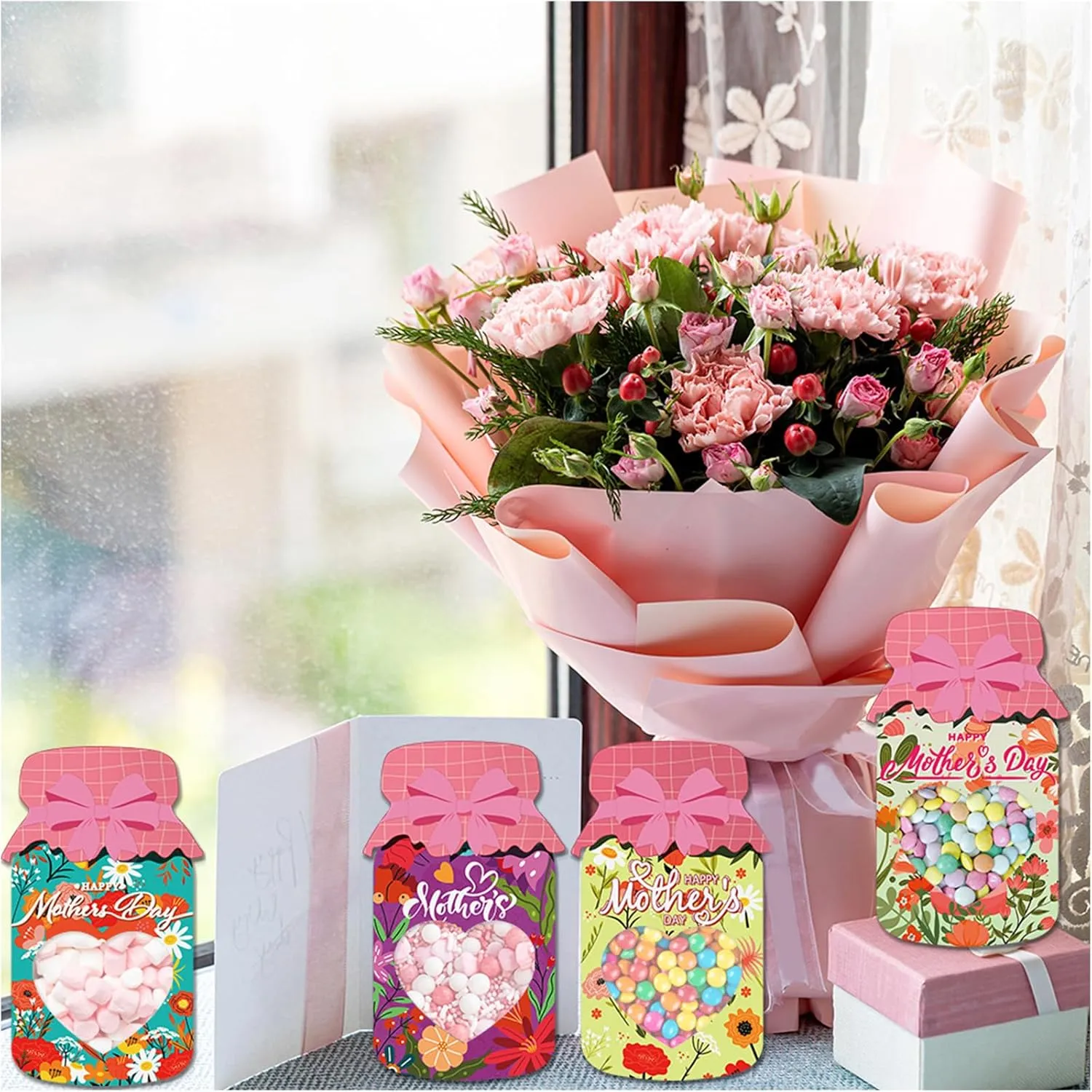 YUGSHNKFC 9/18Pcs Happy Mother's Day Candy Bags Drift Bottle Greeting Card Wedding Party Chocolate Cookie Packaging Bag