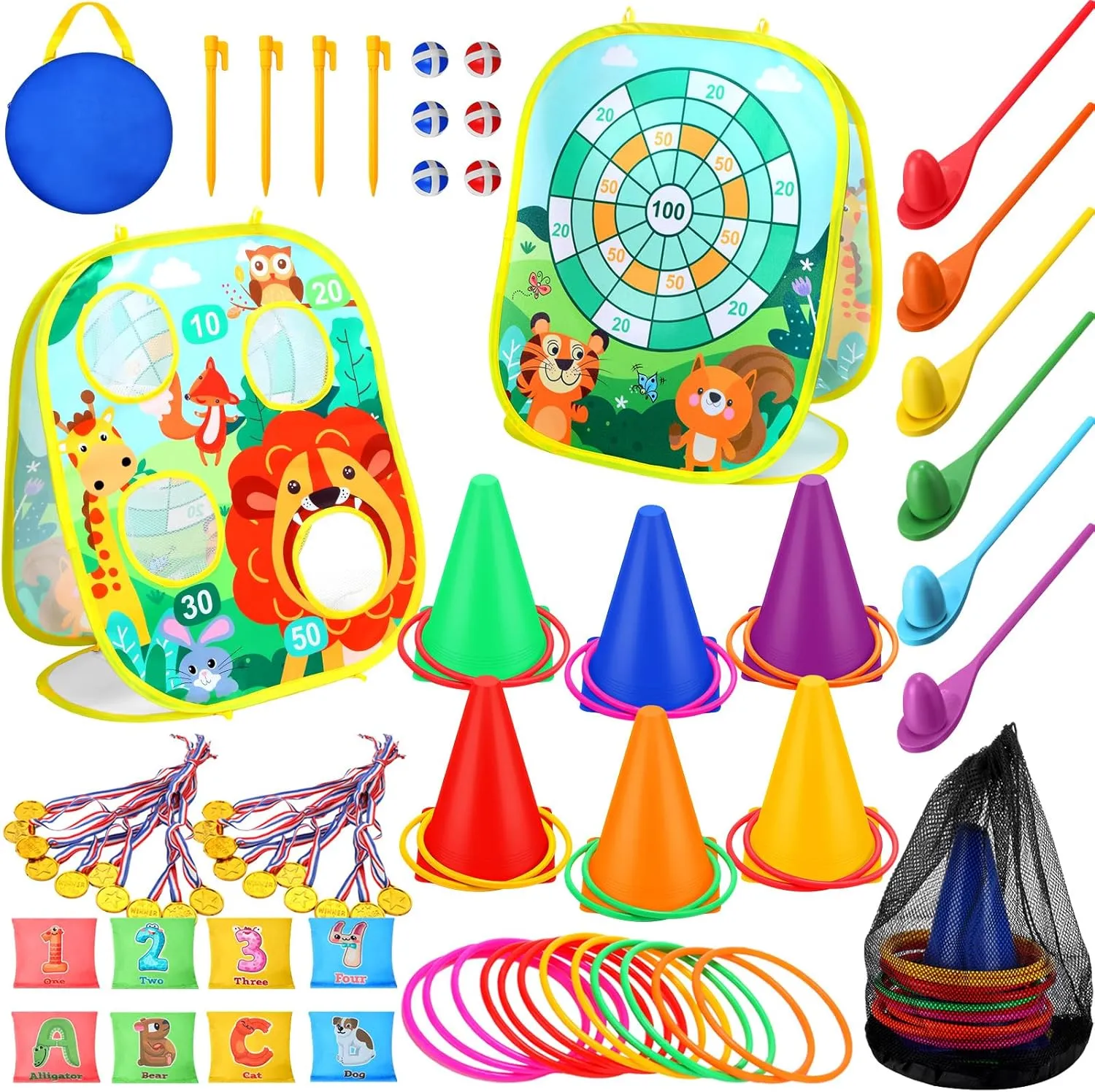 Yunsailing 63 Pcs Carnival Outdoor Games Set for Kids Include Animal Bean Bag Toss Plastic Cones Bean Bags Ring Toss Egg and Spoon Race, Field Yard Lawn Outdoor Game, Gift for Birthday Party