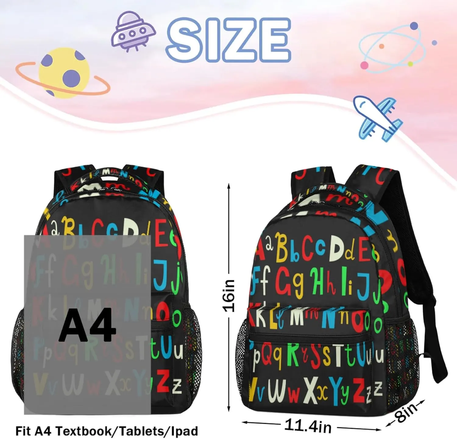 Yzrwebo Abc Alphabet Backpack, Colorful Letters Casual Daypack Computer Laptop Backpacks, Adults Sports Hiking Travel Camping Shoulder Backpack