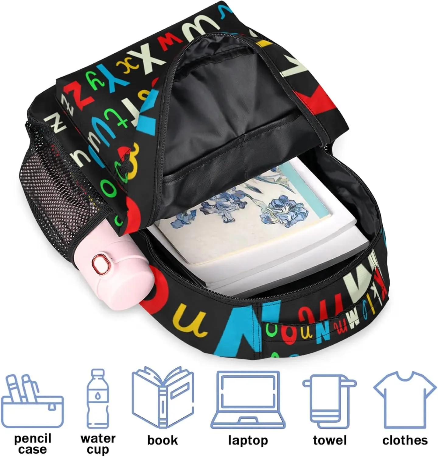 Yzrwebo Abc Alphabet Backpack, Colorful Letters Casual Daypack Computer Laptop Backpacks, Adults Sports Hiking Travel Camping Shoulder Backpack