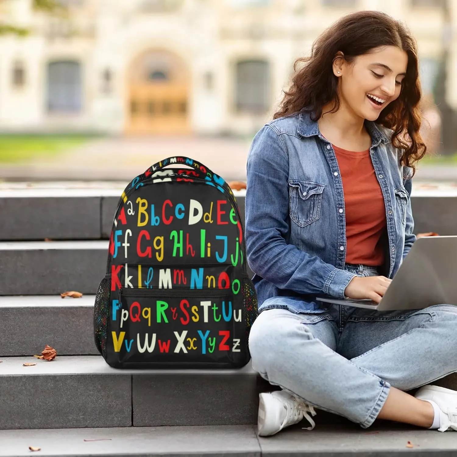 Yzrwebo Abc Alphabet Backpack, Colorful Letters Casual Daypack Computer Laptop Backpacks, Adults Sports Hiking Travel Camping Shoulder Backpack
