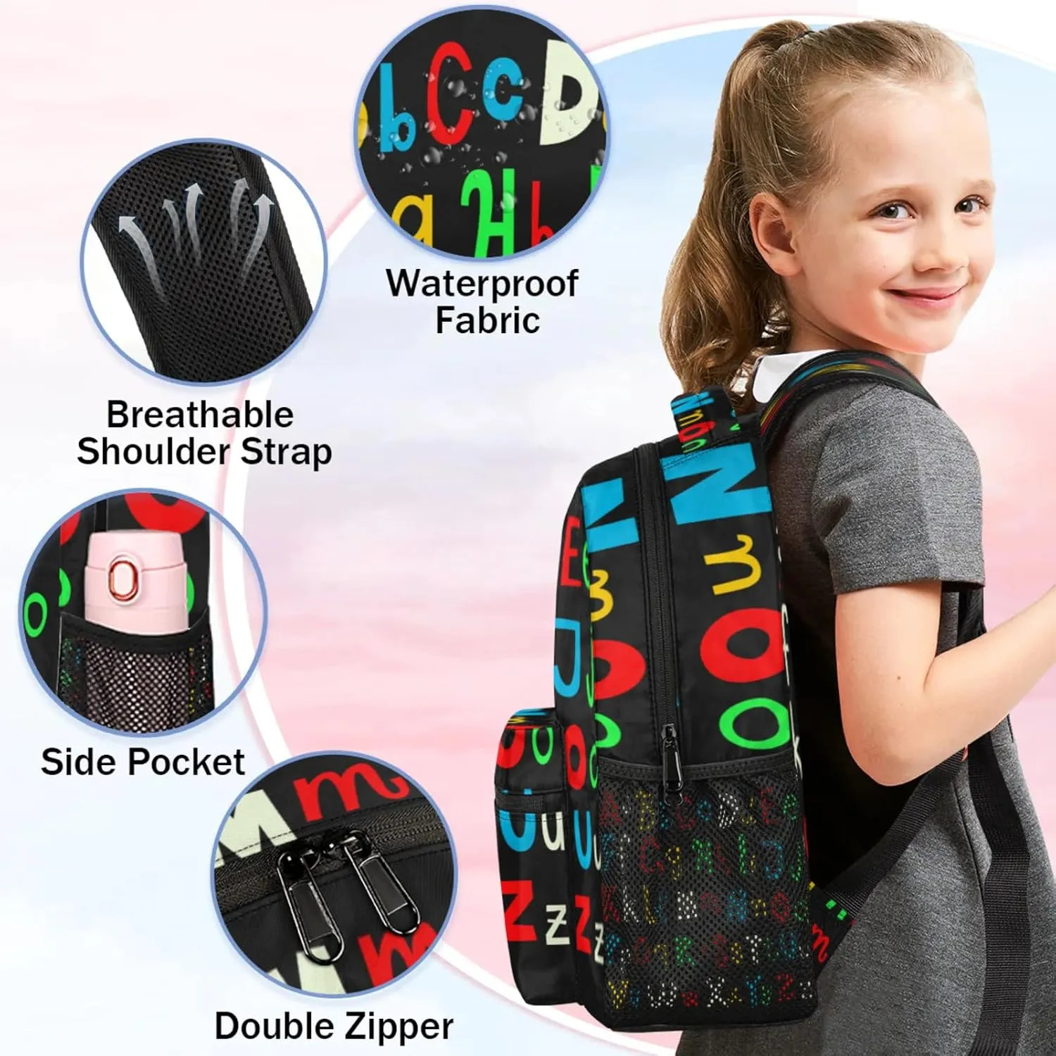 Yzrwebo Abc Alphabet Backpack, Colorful Letters Casual Daypack Computer Laptop Backpacks, Adults Sports Hiking Travel Camping Shoulder Backpack
