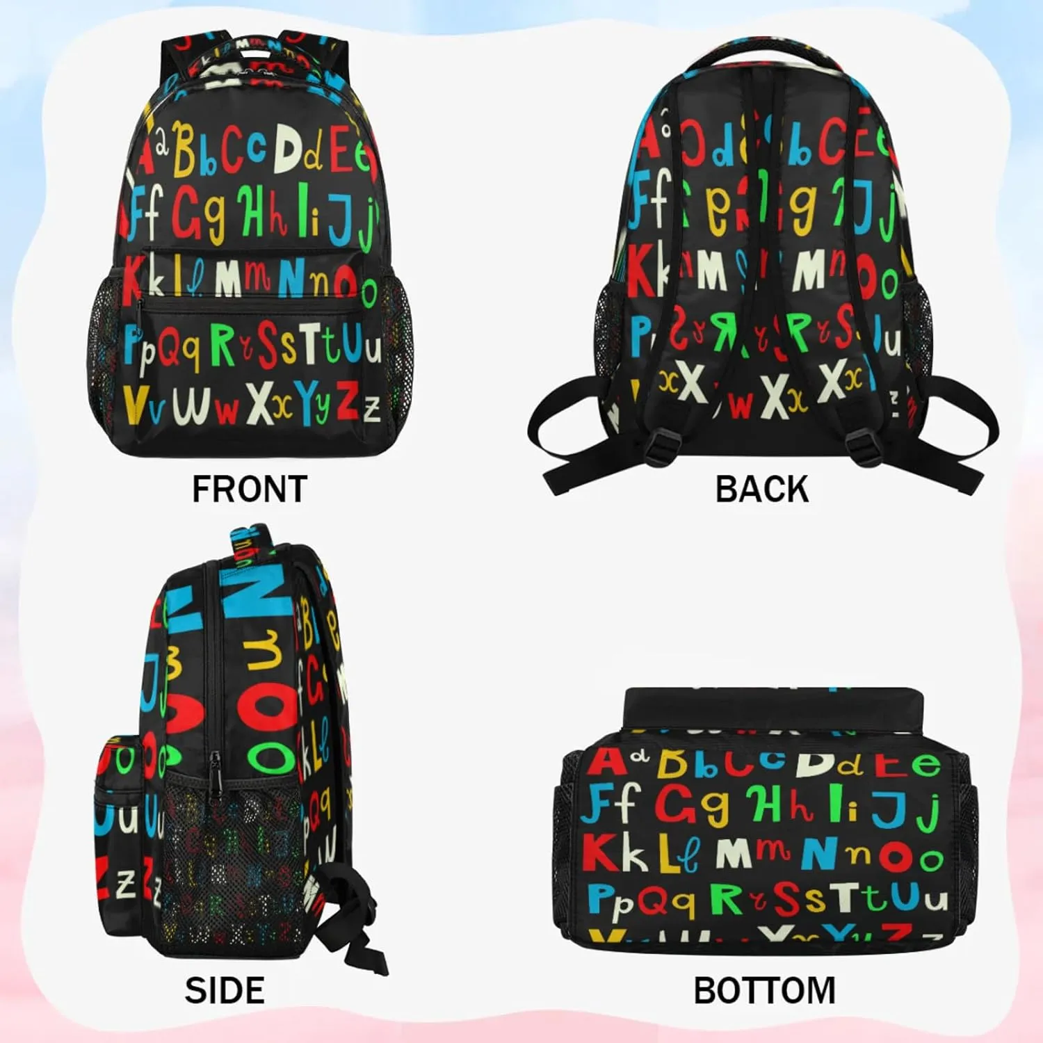 Yzrwebo Abc Alphabet Backpack, Colorful Letters Casual Daypack Computer Laptop Backpacks, Adults Sports Hiking Travel Camping Shoulder Backpack