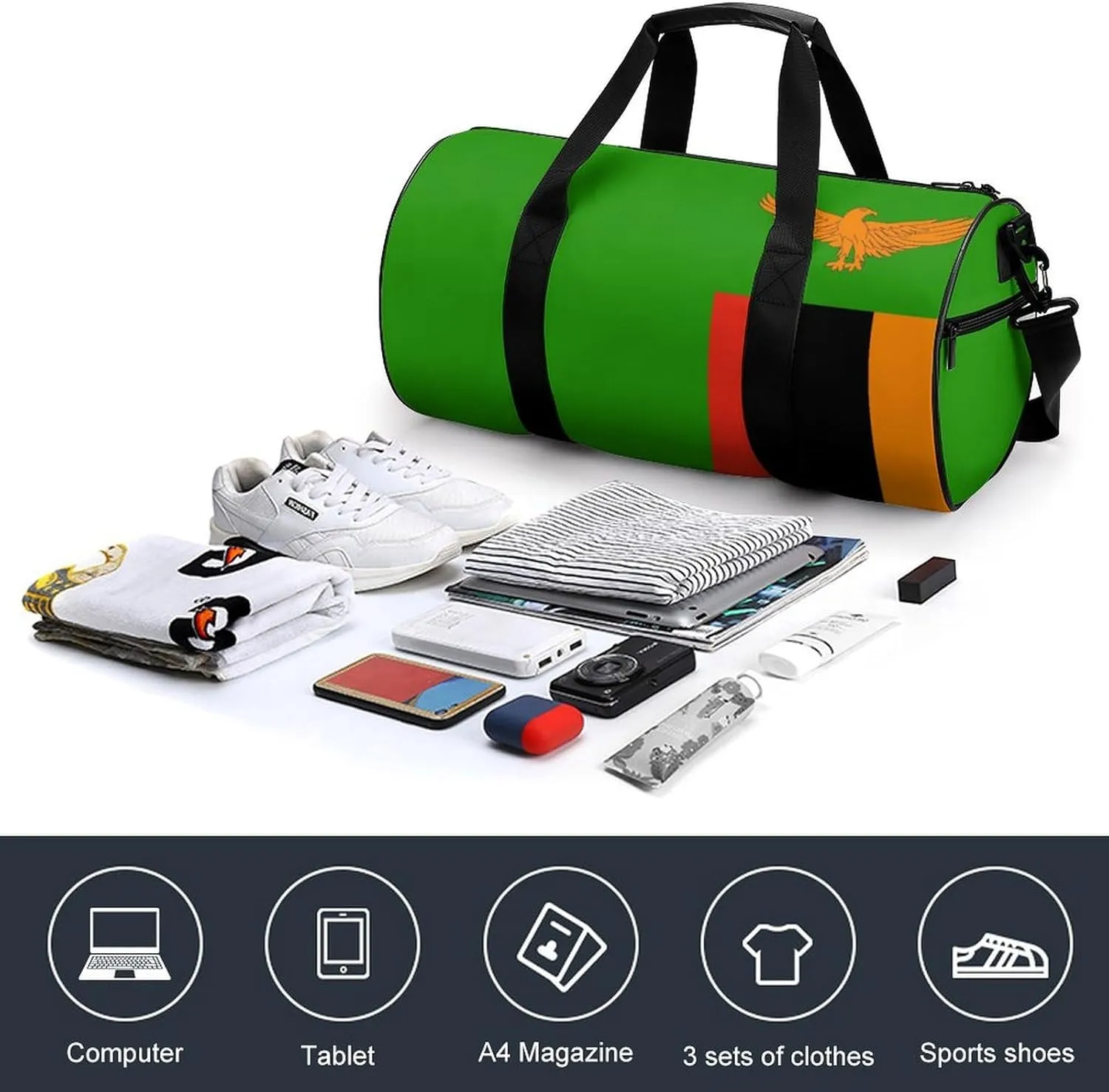 Zambia Flag Gym Bag for Girls Boys Sports Duffel with Wet Pocket Travel Weekender