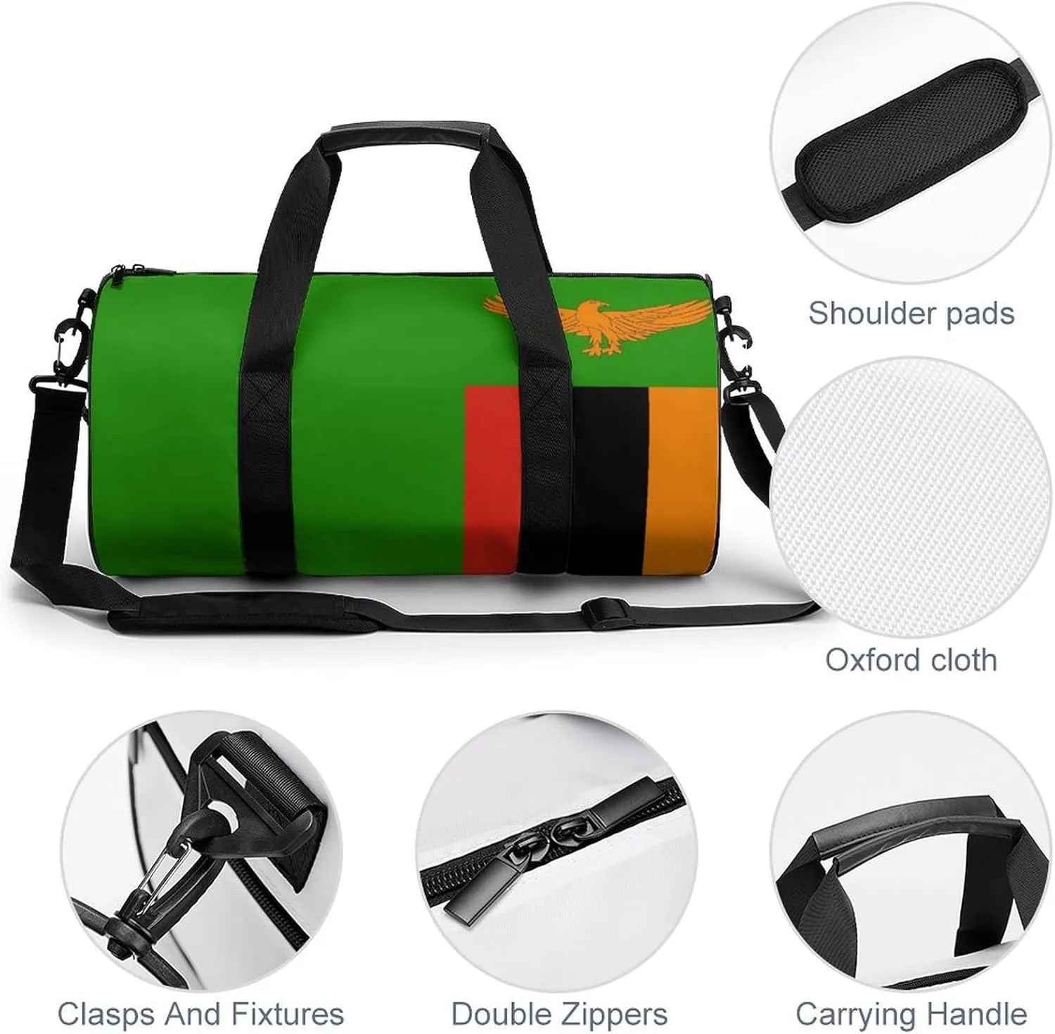 Zambia Flag Gym Bag for Girls Boys Sports Duffel with Wet Pocket Travel Weekender