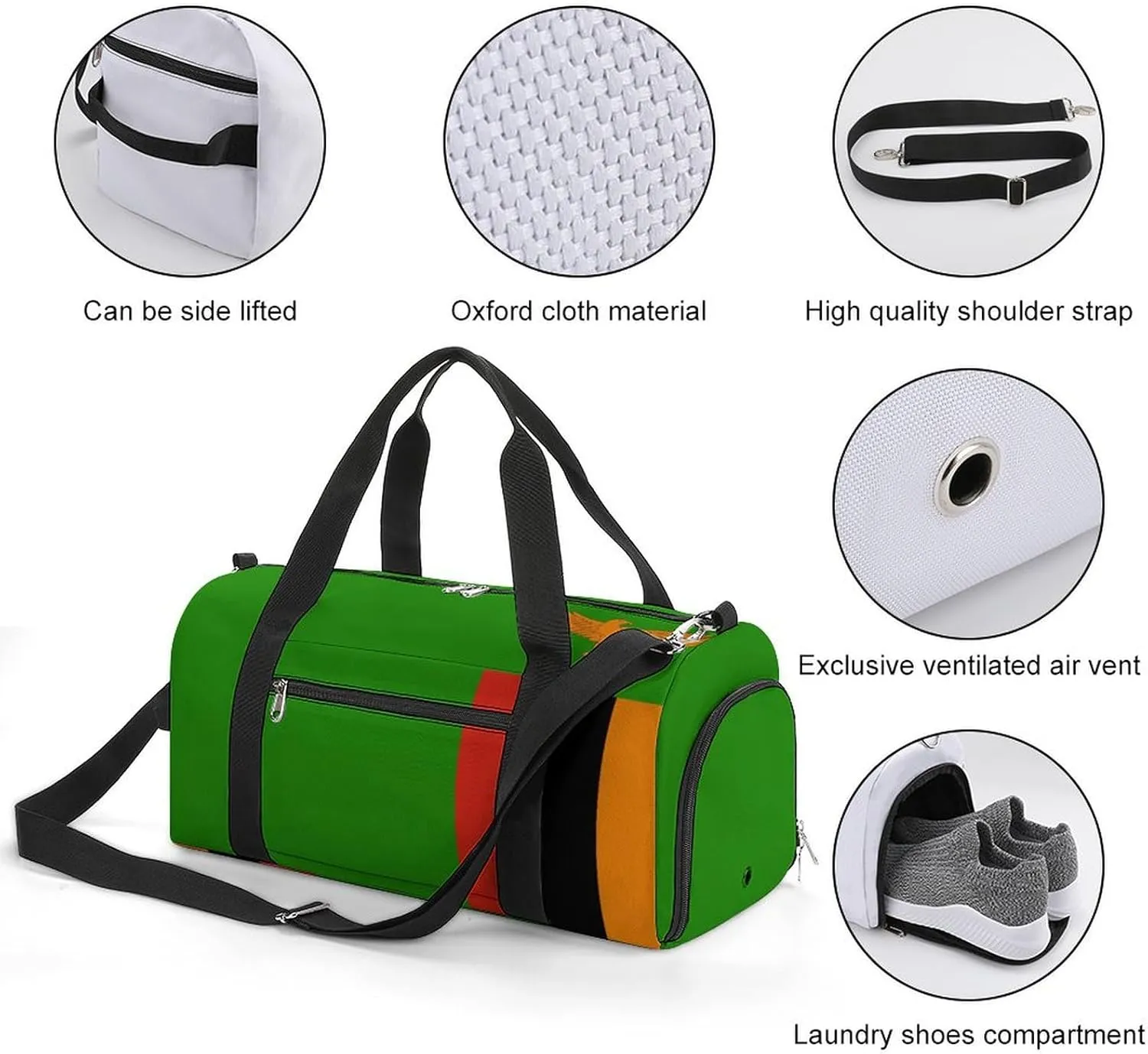 Zambia Flag Gym Duffel for Boys Girls with Shoe Compartment Travel Weekender