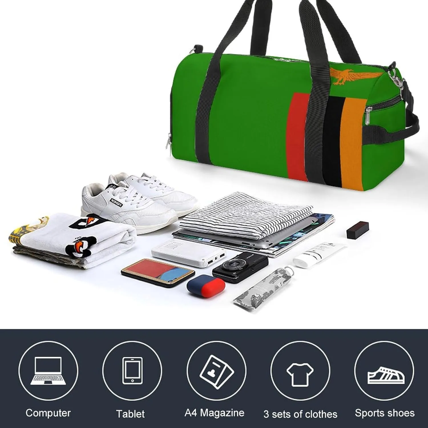 Zambia Flag Gym Duffel for Boys Girls with Shoe Compartment Travel Weekender