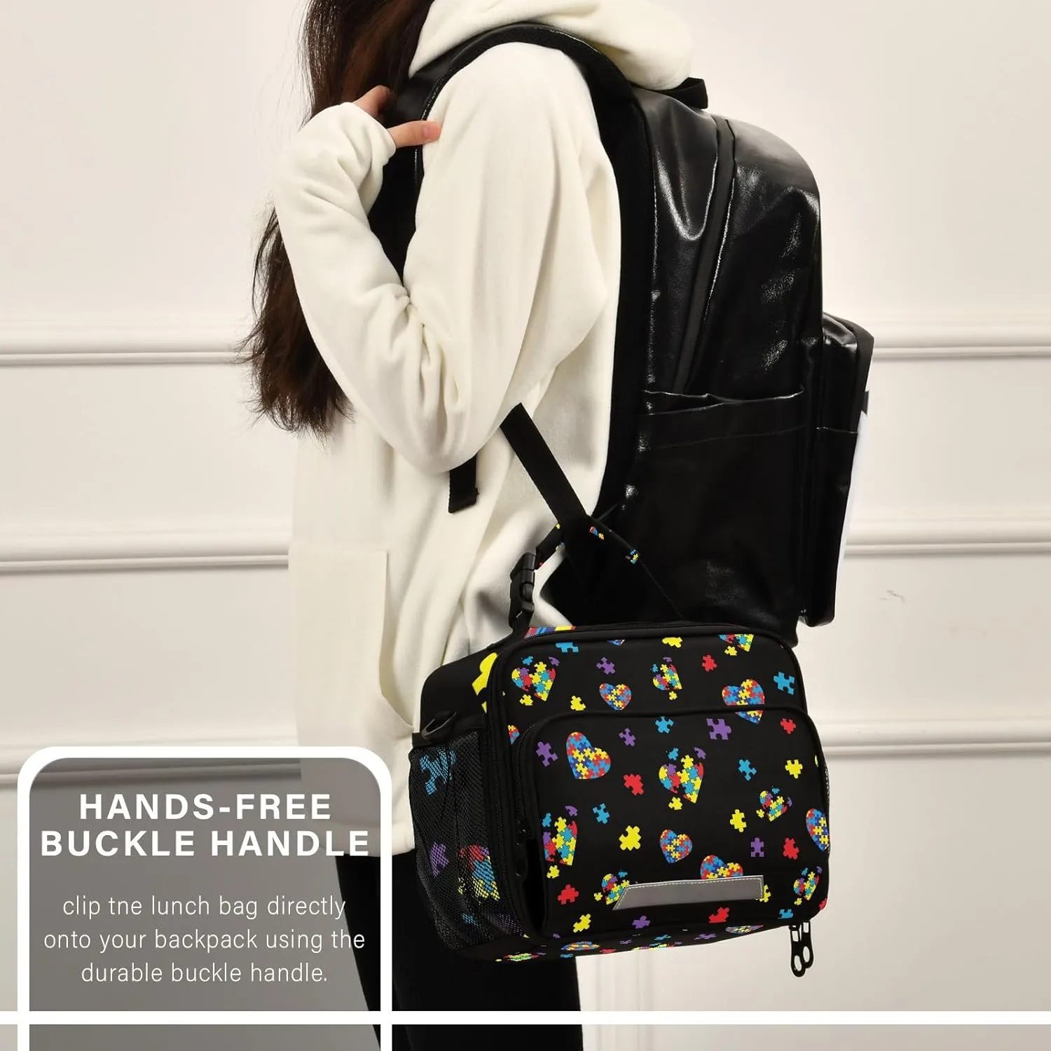 ZAZYXTJ Custom Personalized Autism Awareness Colorful Puzzle Lunch Box Insulated Lunch Bag for School Teens Students Boys Girls With Adjustable Shoulder Belt and Buckle Handle for Women Men