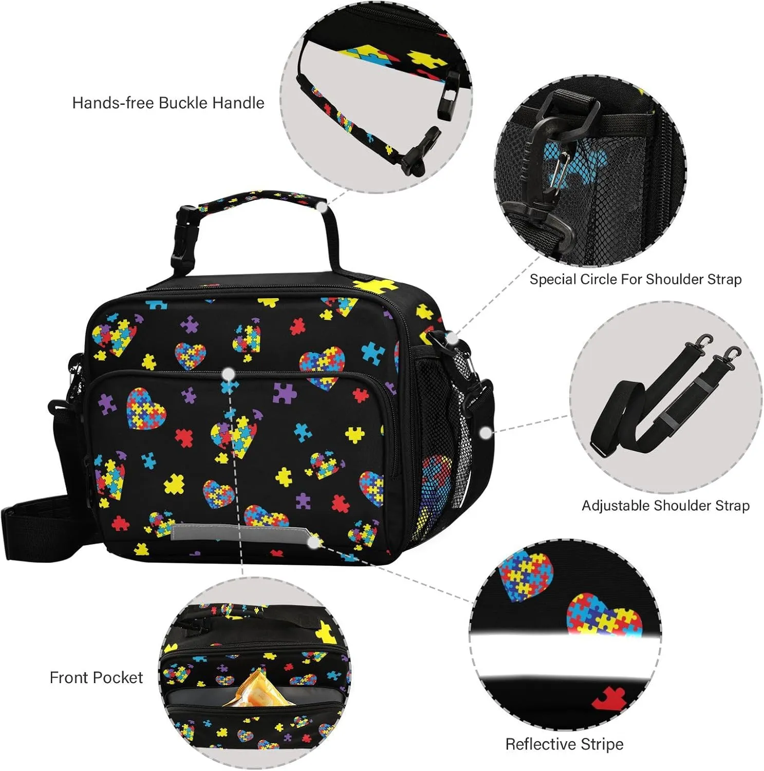 ZAZYXTJ Custom Personalized Autism Awareness Colorful Puzzle Lunch Box Insulated Lunch Bag for School Teens Students Boys Girls With Adjustable Shoulder Belt and Buckle Handle for Women Men
