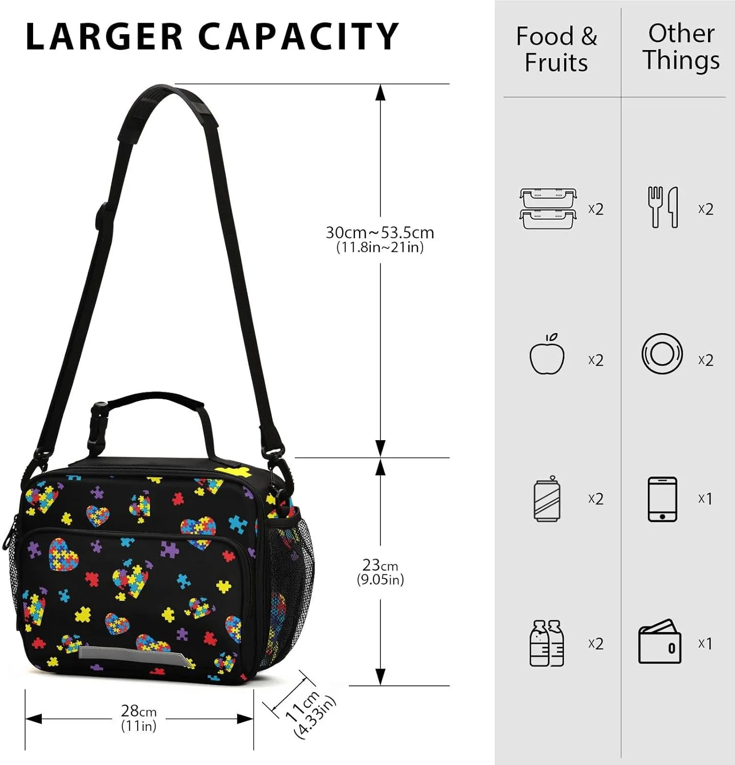 ZAZYXTJ Custom Personalized Autism Awareness Colorful Puzzle Lunch Box Insulated Lunch Bag for School Teens Students Boys Girls With Adjustable Shoulder Belt and Buckle Handle for Women Men