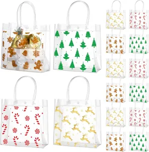 Zhanmai 24 Pcs Christmas Clear Plastic Gift Bags with Handle Reusable Gift Wrap Tote Bag Xmas Tree Gingerbread Candy Reindeer Transparent PVC Party Favor Bags for Christmas, 8 x 8 x 3.15 Inches