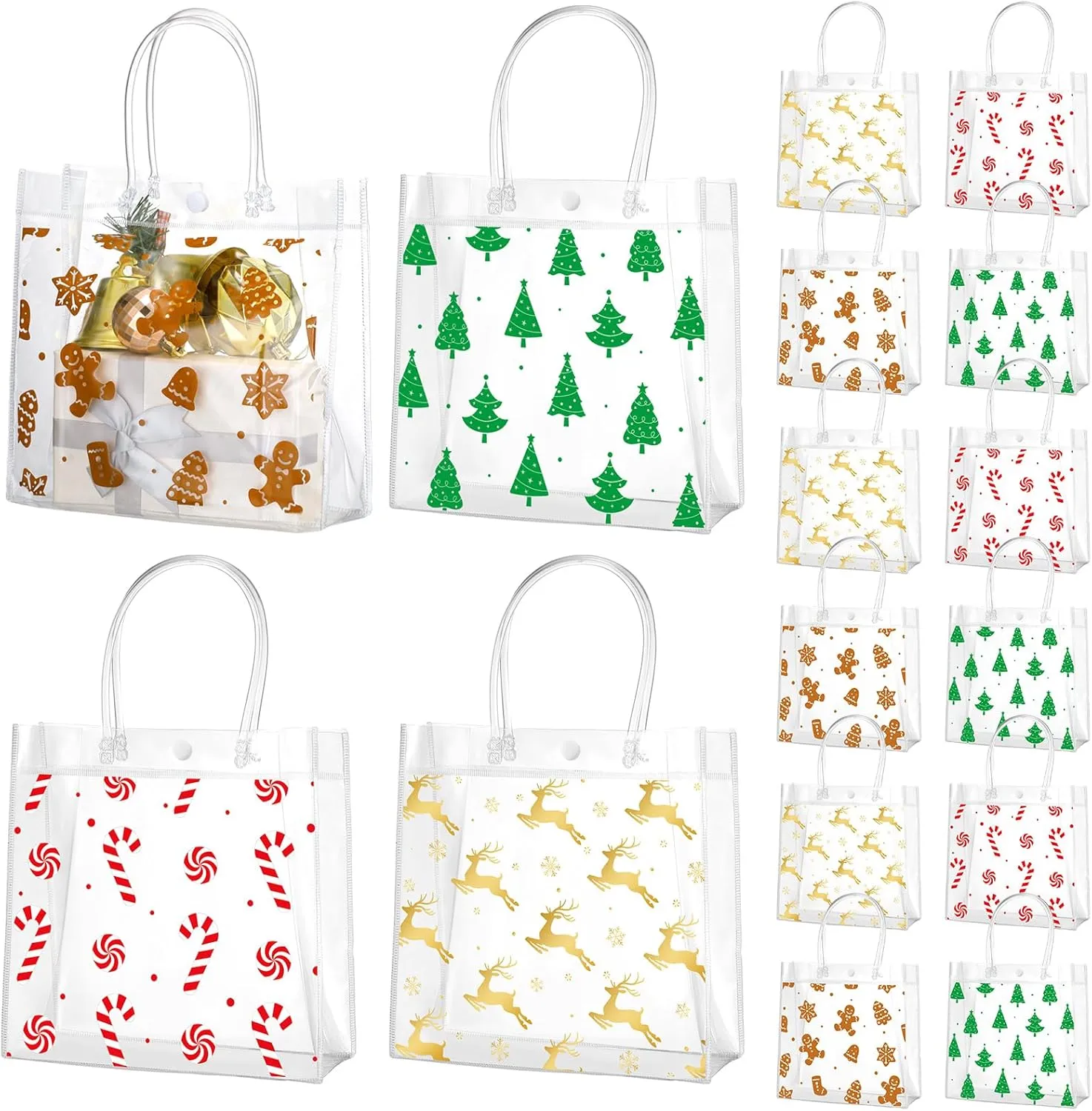 Zhanmai 24 Pcs Christmas Clear Plastic Gift Bags with Handle Reusable Gift Wrap Tote Bag Xmas Tree Gingerbread Candy Reindeer Transparent PVC Party Favor Bags for Christmas, 8 x 8 x 3.15 Inches