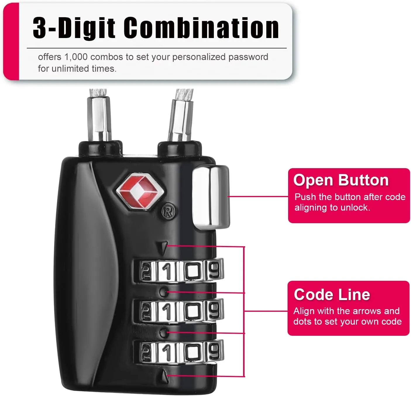 ZHEGE Luggage Locks 4 Pack - TSA Approved, Cable Travel Lock for Gym, School, Suitcases, Baggage with Alloy Body 4colors