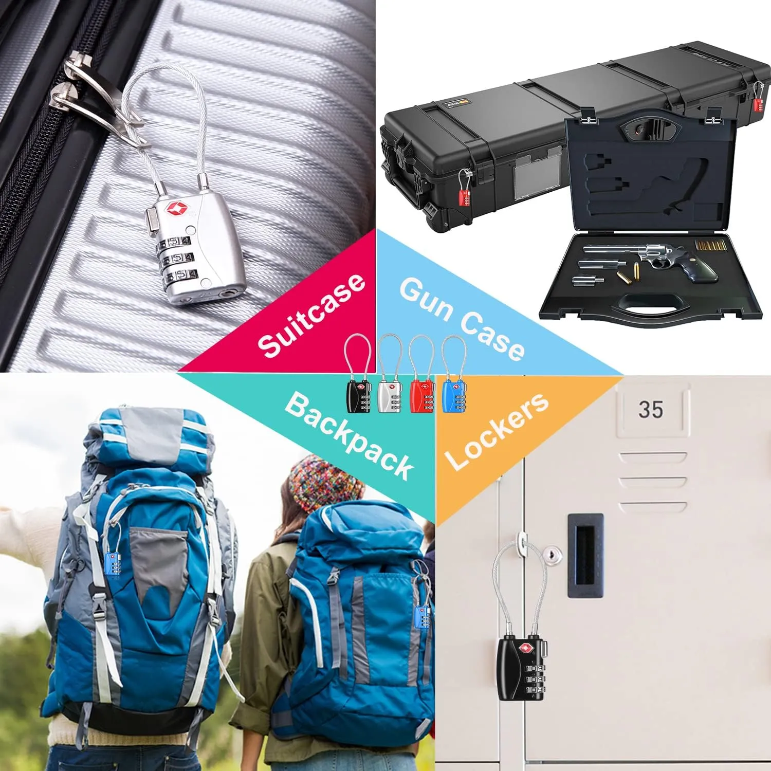 ZHEGE Luggage Locks 4 Pack - TSA Approved, Cable Travel Lock for Gym, School, Suitcases, Baggage with Alloy Body 4colors