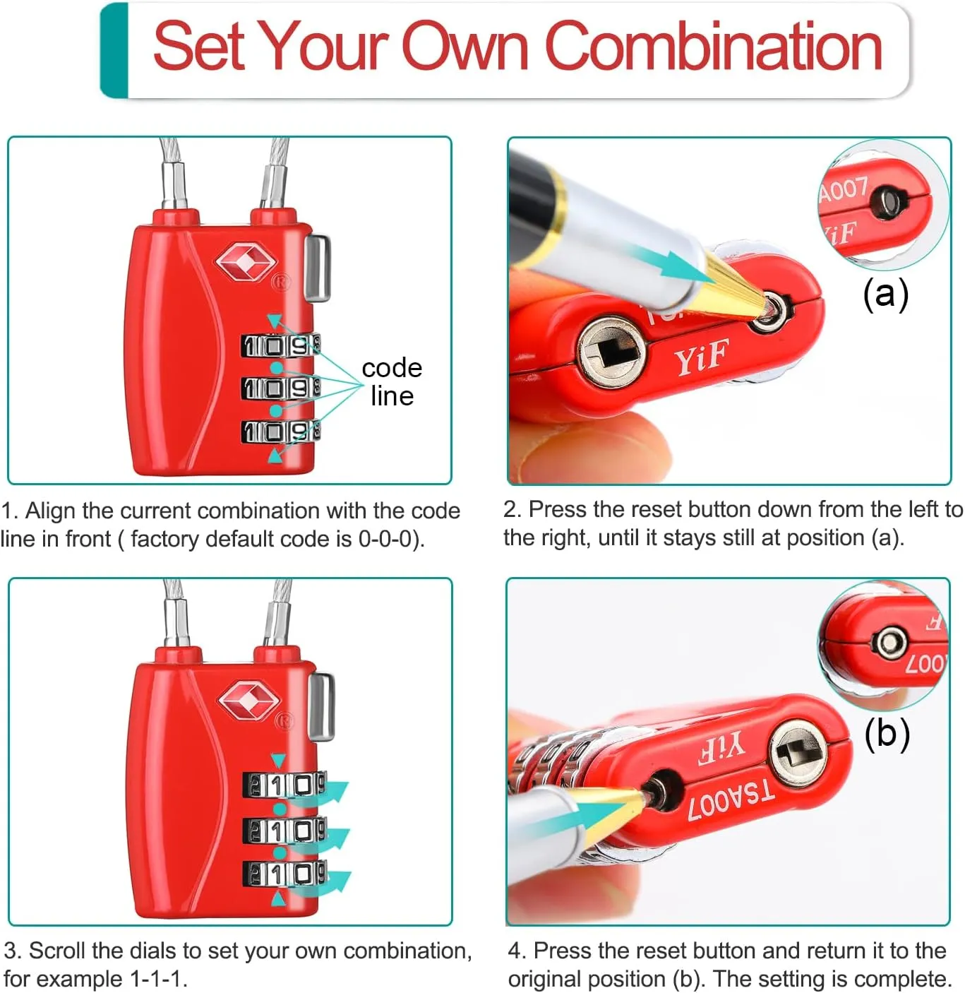 ZHEGE Luggage Locks 4 Pack - TSA Approved, Cable Travel Lock for Gym, School, Suitcases, Baggage with Alloy Body 4colors