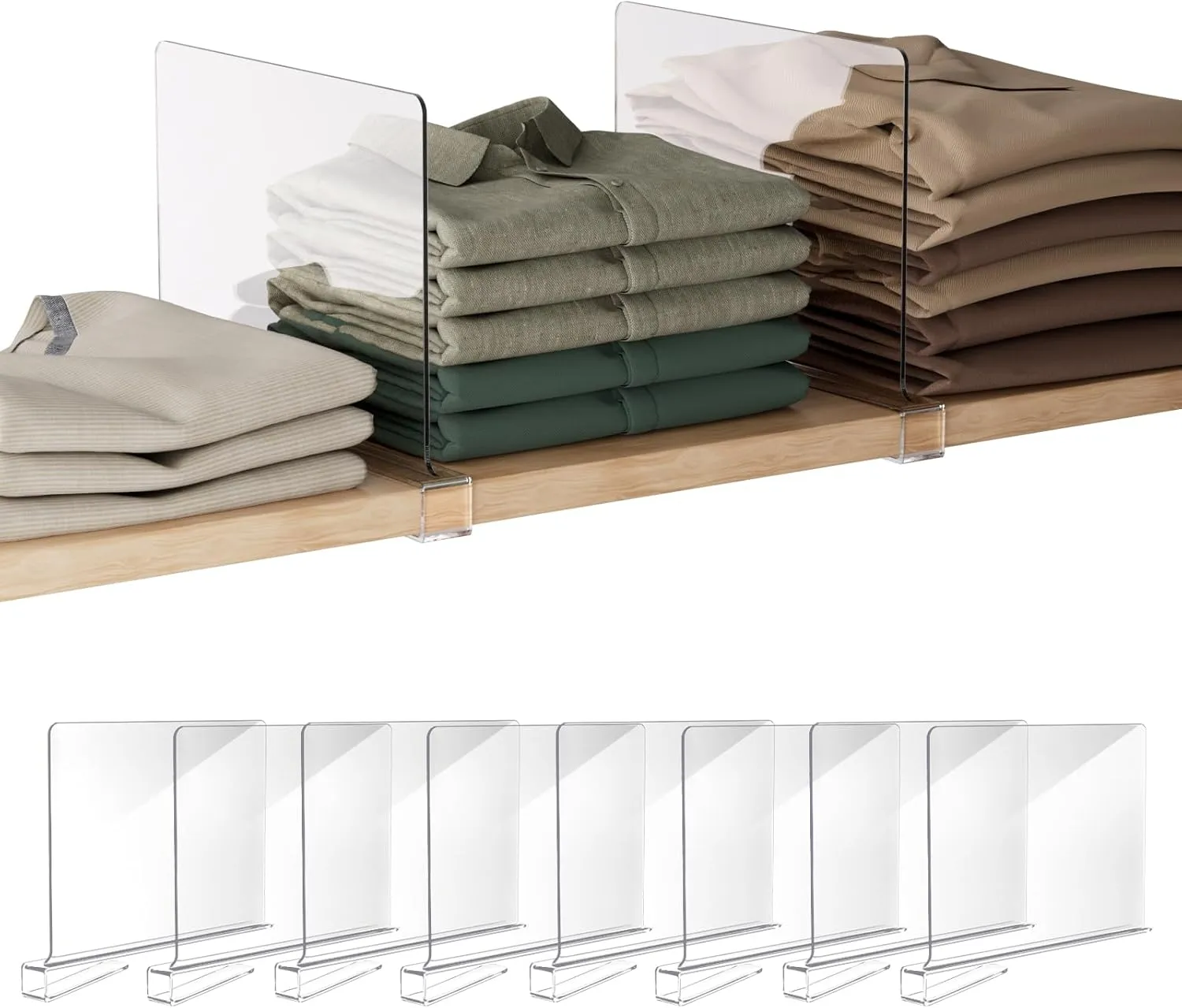 Zhithink 8 Pack Clear Closet Shelf Dividers for Storing Clothes, Handbags in Bedroom. Acrylic Shelf Dividers with Super Buckle Suitable for Thicker Boards of Various Materials in Kitchen and Office