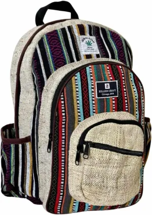 Zillion Craft large backpack for men and women. Strong and durable made from natural hemp and gheri. Multi pocket multi color hand made bag