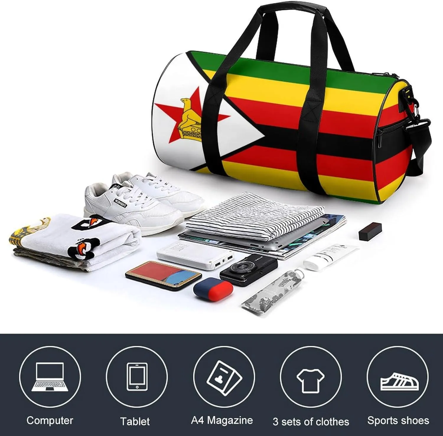 Zimbabwe Flag Waterproof Sports Gym Bag with Dry Wet Separation for Travel Overnight