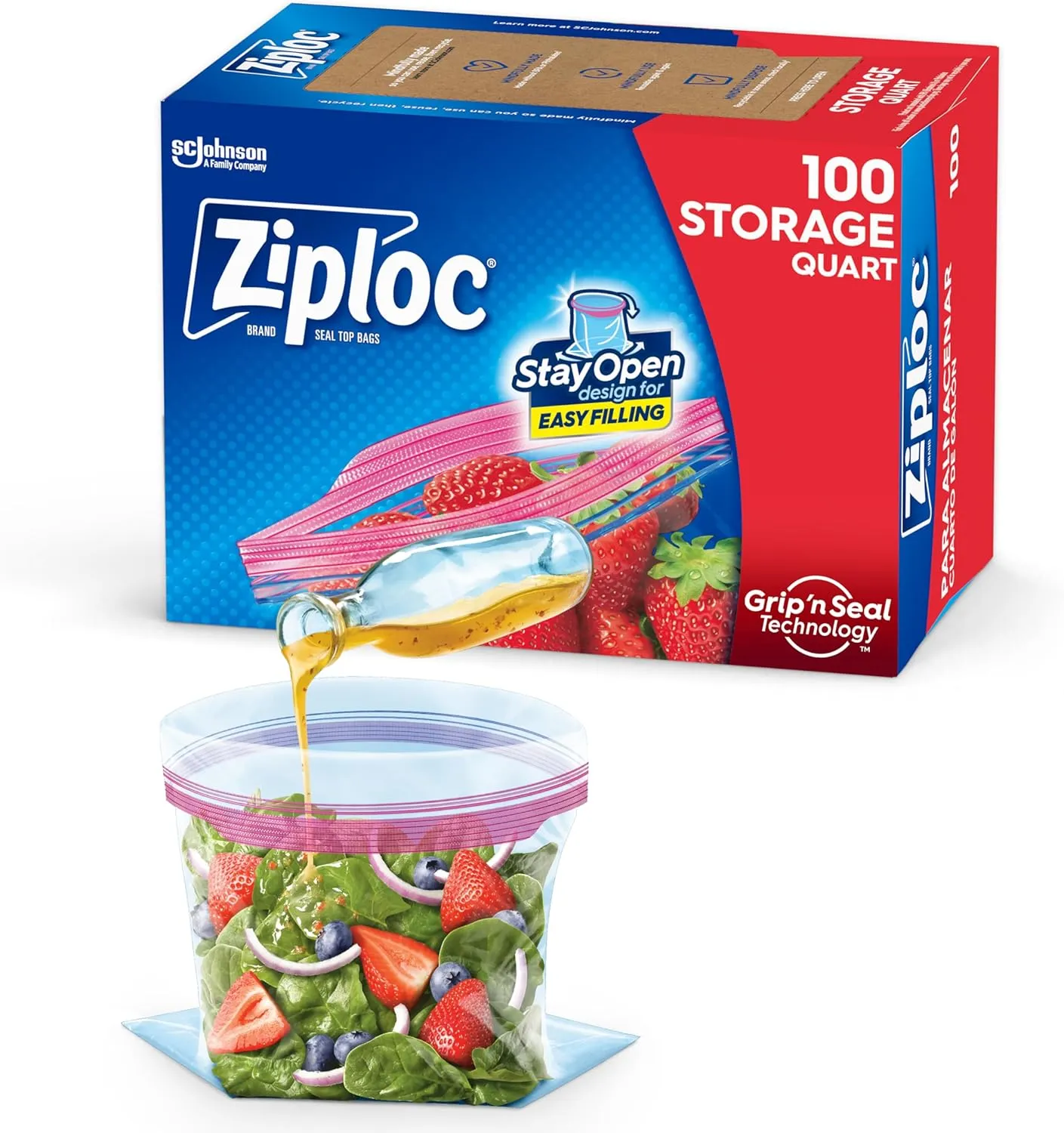 Ziploc Quart Food Storage Bags, Stay Open Design with Stand-Up Bottom, Easy to Fill, 100 Count