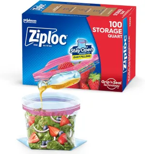 Ziploc Quart Food Storage Bags, Stay Open Design with Stand-Up Bottom, Easy to Fill, 100 Count
