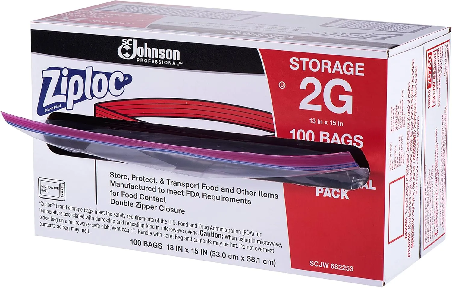 Ziploc Storage Bags, 2 Gallon, 100 Bags/Carton