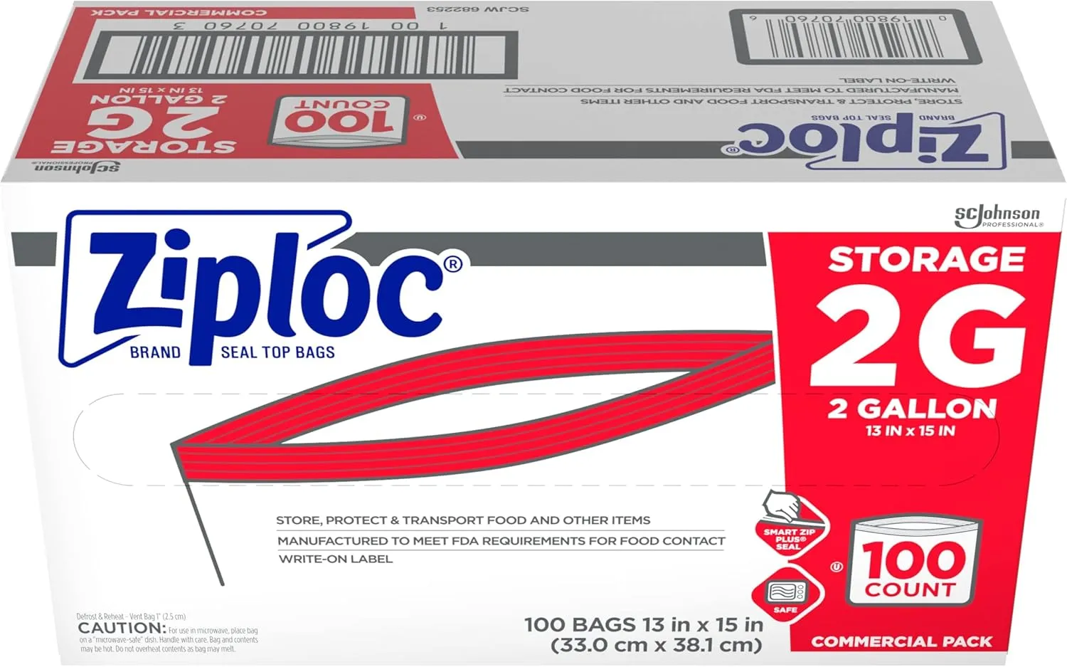 Ziploc Storage Bags, 2 Gallon, 100 Bags/Carton