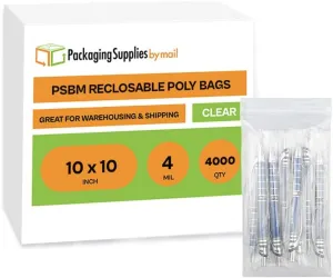 Zipper Reclosable Plastic Bags 10" x 10" 4 Mil Clear Large Polybag 4000 Count