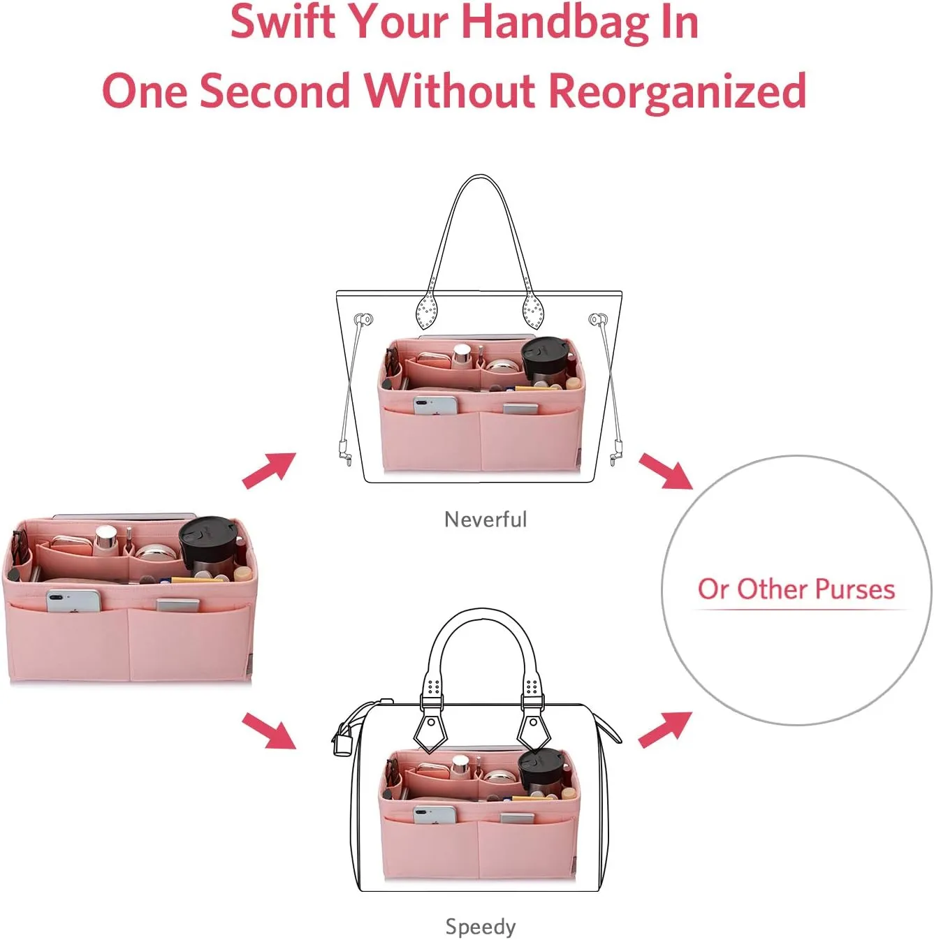 ZTUJO Felt Purse Organizer, Multi Pocket Bag in Bag Organizer For Tote & Handbag Shaper, Speedy 30, Speedy 35 and Speedy 40