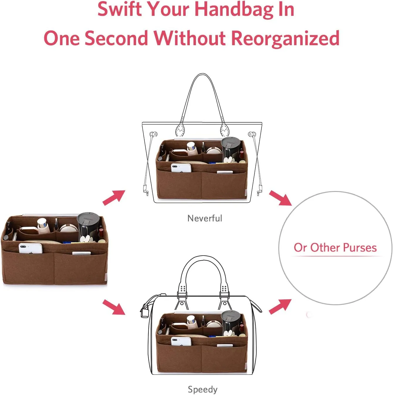 ZTUJO Felt Purse Organizer, Multi Pocket Bag in Bag Organizer For Tote & Handbag Shaper, Speedy 30, Speedy 35 and Speedy 40