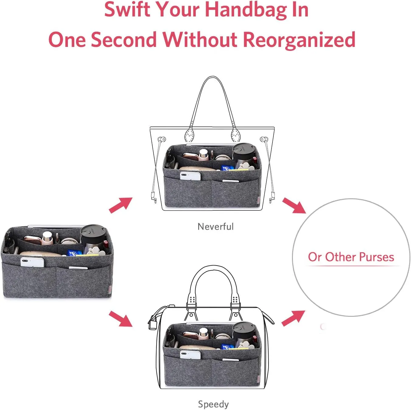 ZTUJO Felt Purse Organizer, Multi Pocket Bag in Bag Organizer For Tote & Handbag Shaper, Speedy 30, Speedy 35 and Speedy 40