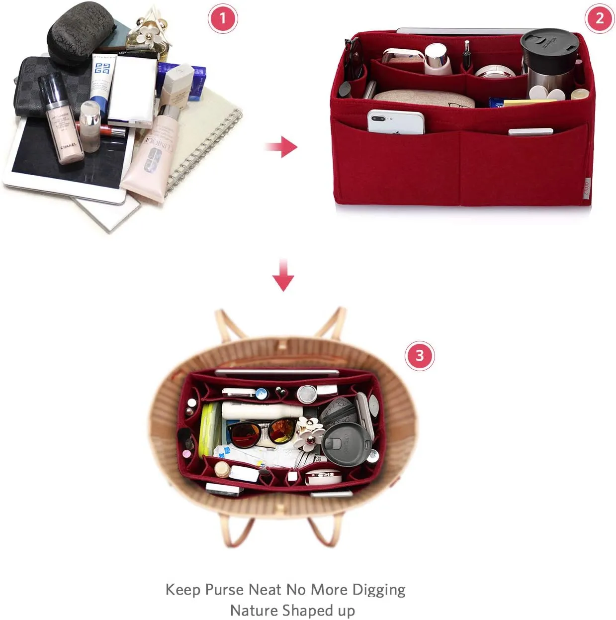 ZTUJO Felt Purse Organizer, Multi Pocket Bag in Bag Organizer For Tote & Handbag Shaper, Speedy 30, Speedy 35 and Speedy 40
