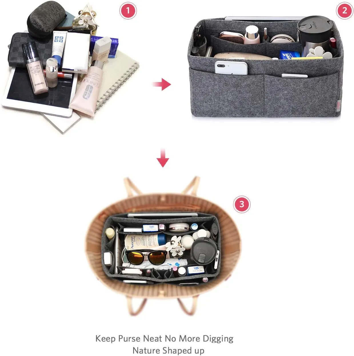 ZTUJO Felt Purse Organizer, Multi Pocket Bag in Bag Organizer For Tote & Handbag Shaper, Speedy 30, Speedy 35 and Speedy 40