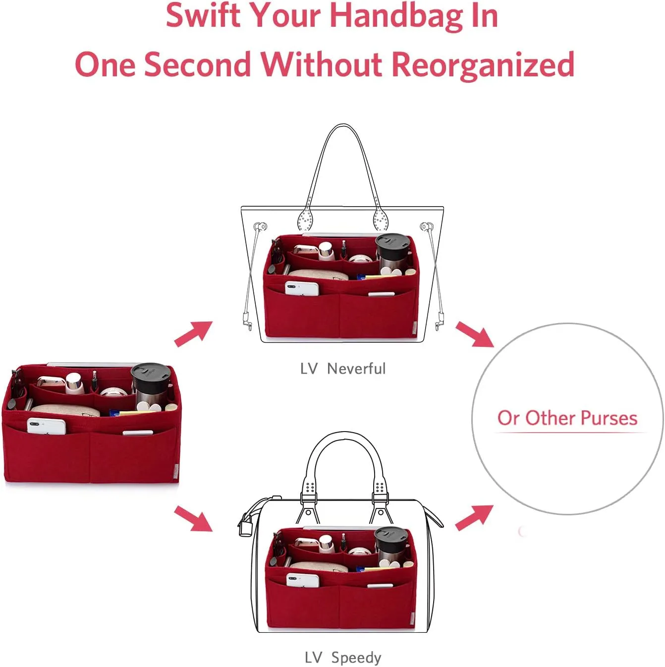 ZTUJO Felt Purse Organizer, Multi Pocket Bag in Bag Organizer For Tote & Handbag Shaper, Speedy 30, Speedy 35 and Speedy 40
