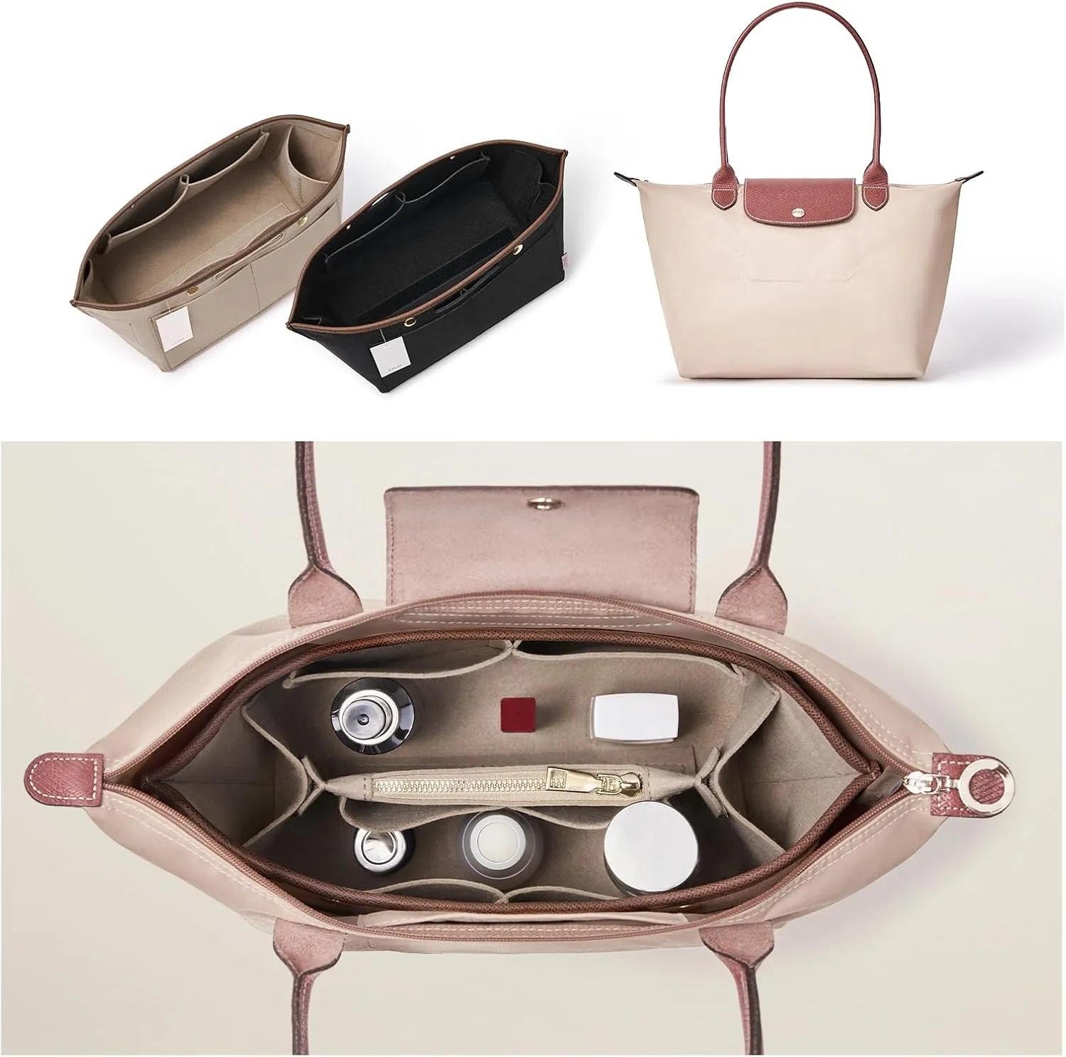 ZTUJO Purse Organizer Insert For Le Pliage, Compatible with Longchamp Le Pliage Shoulder Bag S/L, Top Handle S/M，Energy S/L, Xtra S, Longchamp Organizer Insert (Beige, Medium)