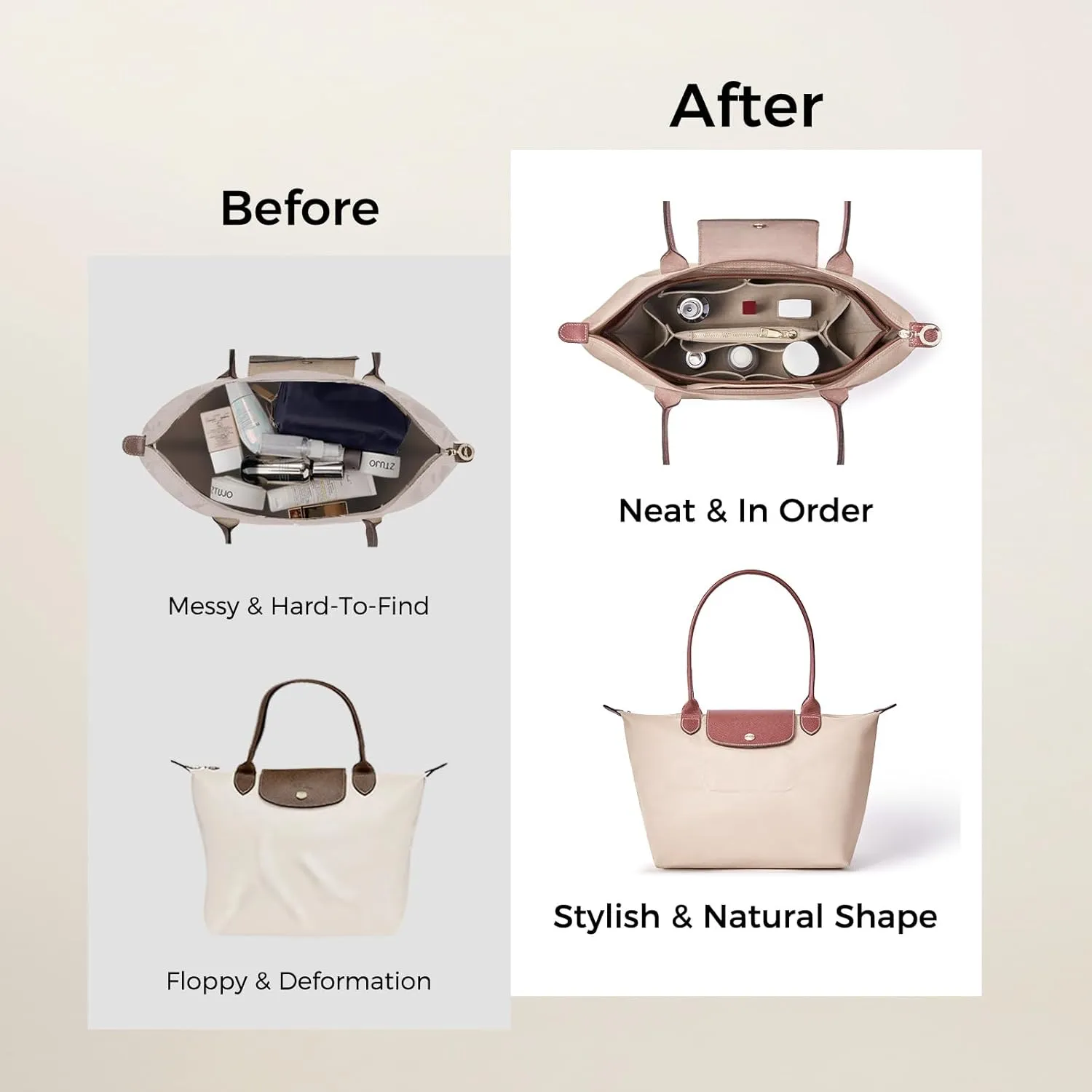 ZTUJO Purse Organizer Insert For Le Pliage, Compatible with Longchamp Le Pliage Shoulder Bag S/L, Top Handle S/M，Energy S/L, Xtra S, Longchamp Organizer Insert (Beige, Medium)