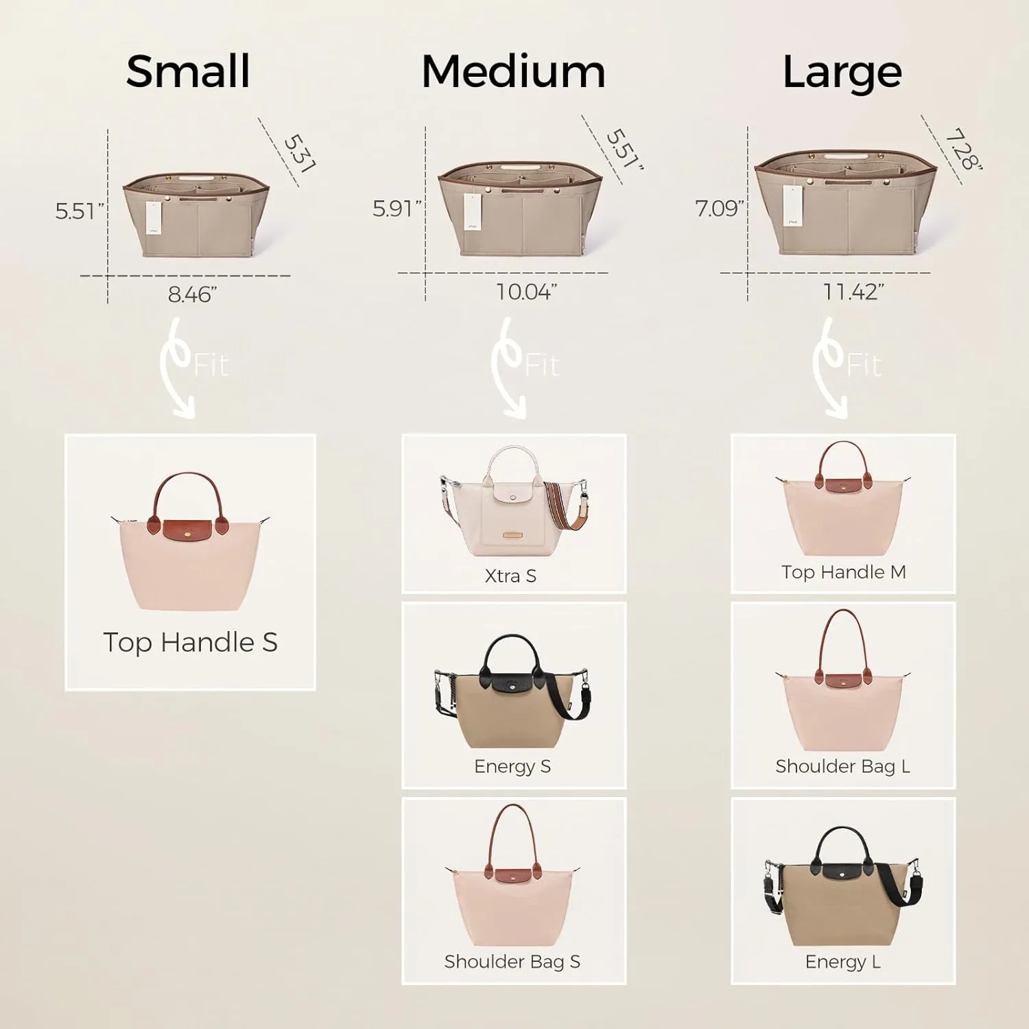ZTUJO Purse Organizer Insert For Le Pliage, Compatible with Longchamp Le Pliage Shoulder Bag S/L, Top Handle S/M，Energy S/L, Xtra S, Longchamp Organizer Insert (Beige, Medium)