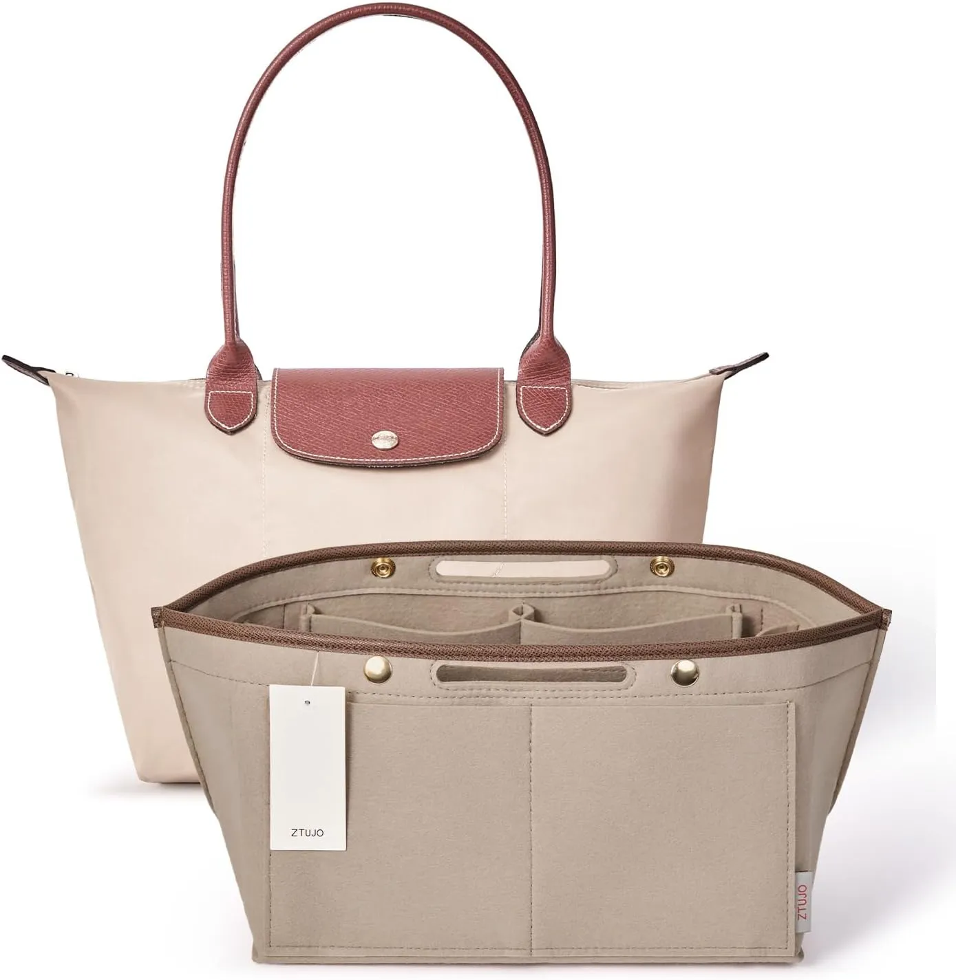 ZTUJO Purse Organizer Insert For Le Pliage, Compatible with Longchamp Le Pliage Shoulder Bag S/L, Top Handle S/M，Energy S/L, Xtra S, Longchamp Organizer Insert (Beige, Medium)