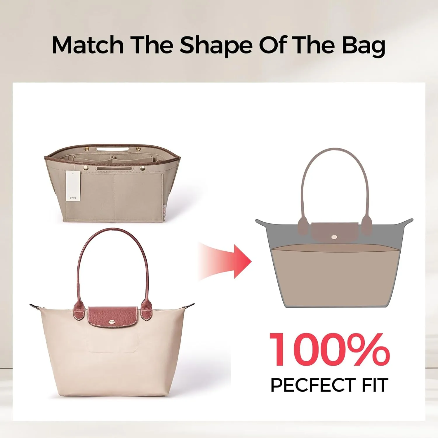 ZTUJO Purse Organizer Insert For Le Pliage, Compatible with Longchamp Le Pliage Shoulder Bag S/L, Top Handle S/M，Energy S/L, Xtra S, Longchamp Organizer Insert (Beige, Medium)