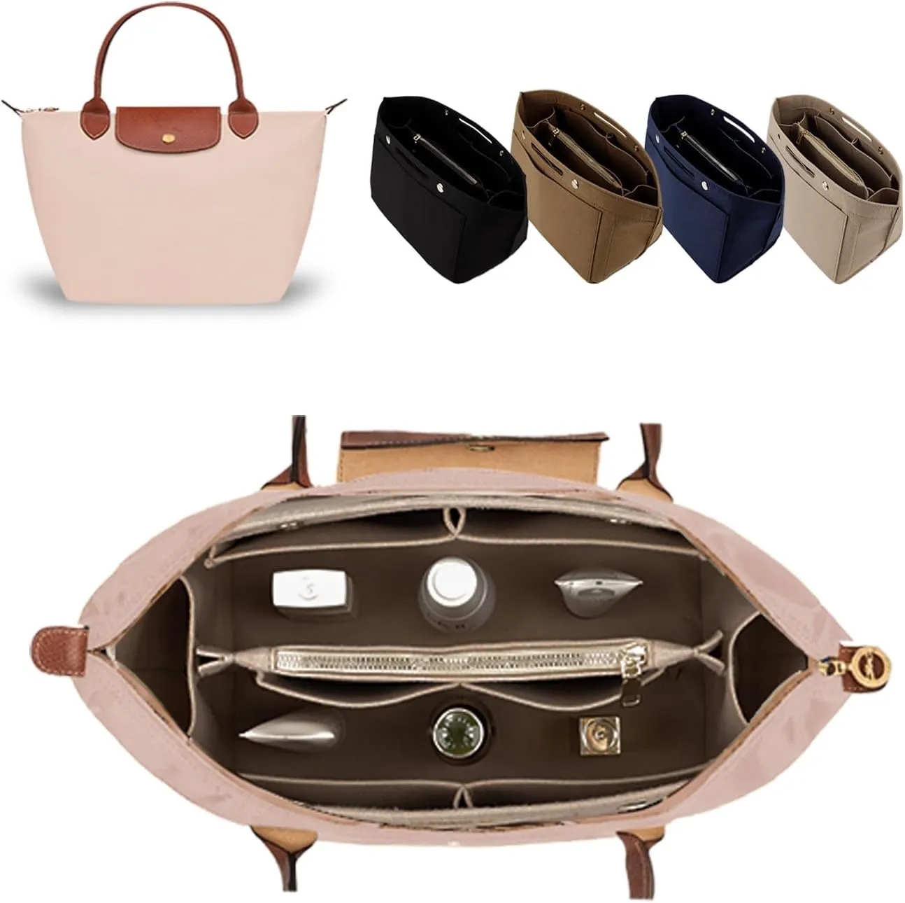 ZTUJO Purse Organizer Insert for le pliage, Compatible with Longchamp Le Pliage Top Handle S/M,Shoulder Bag S/L (Beige, Large For Top Handle M and Shoulder Bag L)