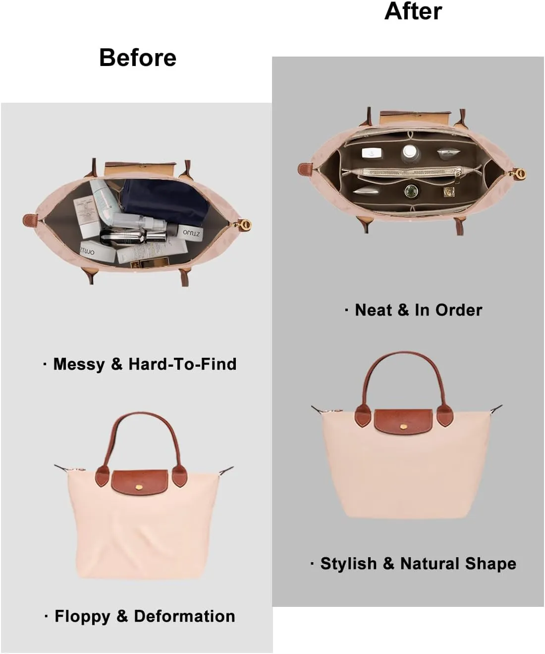 ZTUJO Purse Organizer Insert for le pliage, Compatible with Longchamp Le Pliage Top Handle S/M,Shoulder Bag S/L (Beige, Large For Top Handle M and Shoulder Bag L)