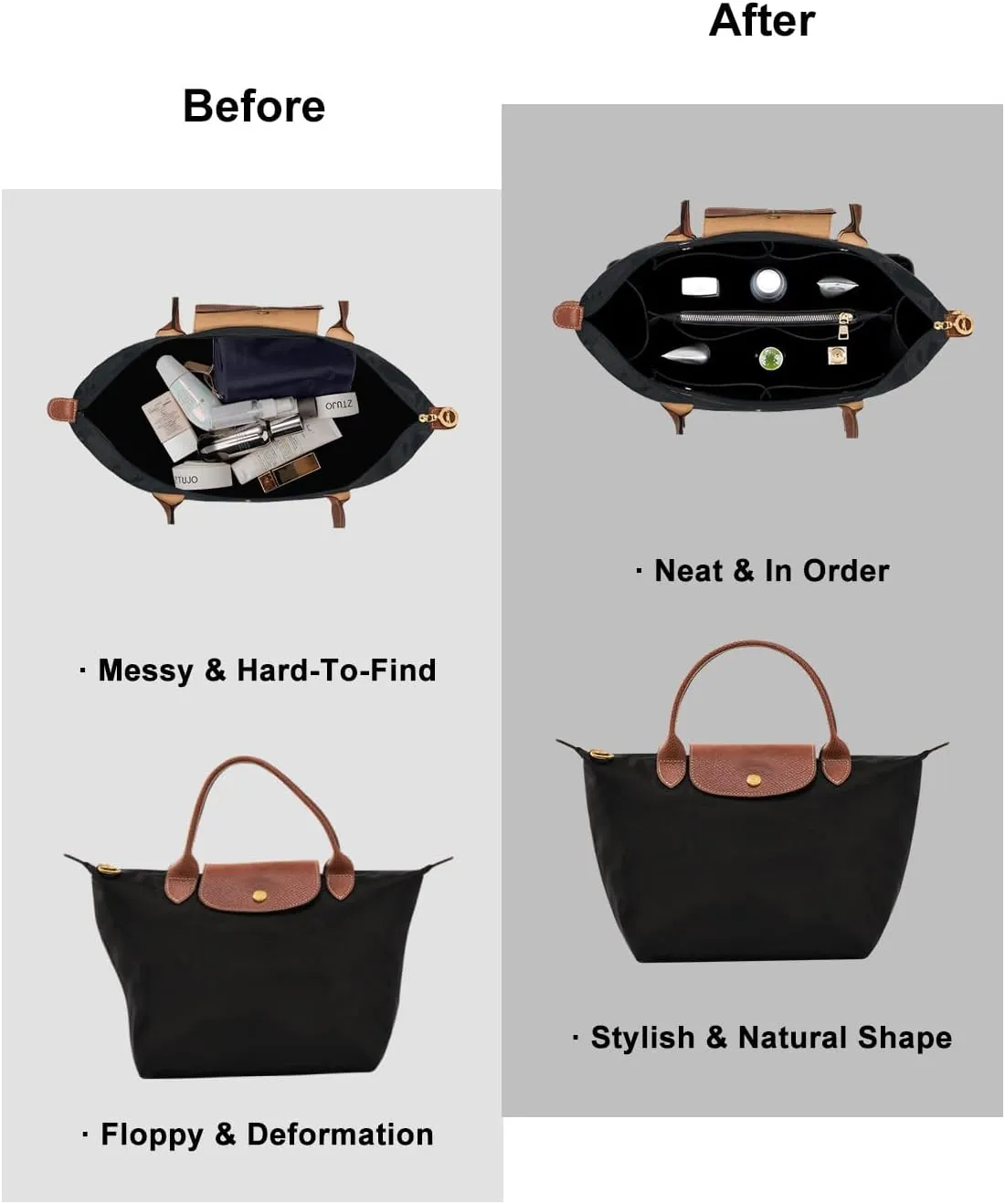 ZTUJO Purse Organizer Insert for le pliage, Compatible with Longchamp Le Pliage Top Handle S/M,Shoulder Bag S/L (Black, Large For Top Handle M and Shoulder Bag L)